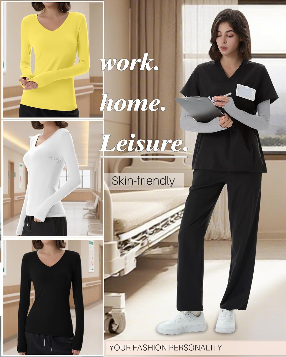 4 Pack Women's Under Scrubs Long Sleeve V Neck Shirts Slim Fit Stretchy Undershirt Basic Casual Tops for Nurse - Image 3