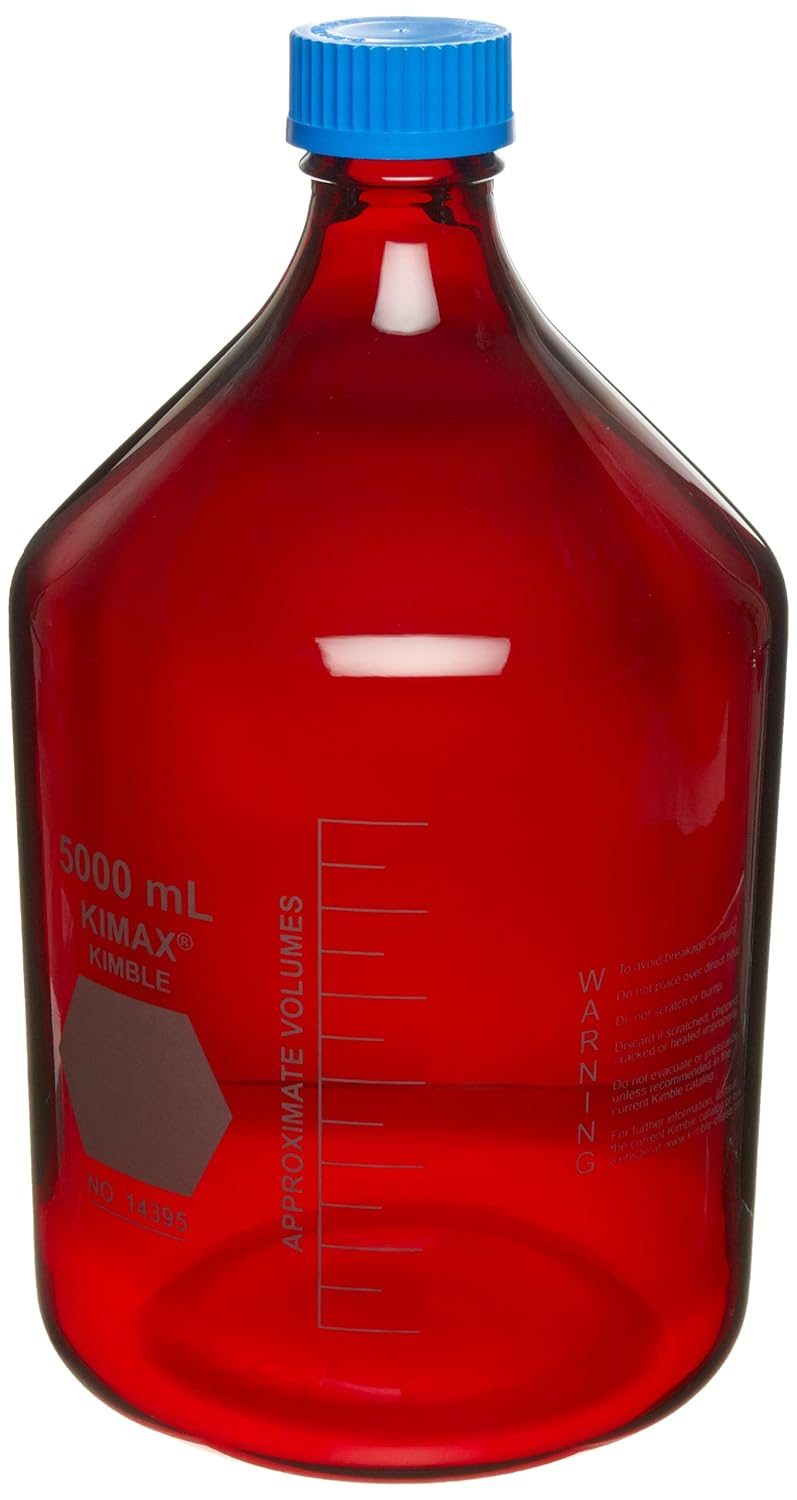 Kimble RAY-SORB 14399-2000 Borosilicate Glass Graduated GL-45 Media/Storage Bottle With Blue Polypropylene Cap, 2 L Capacity