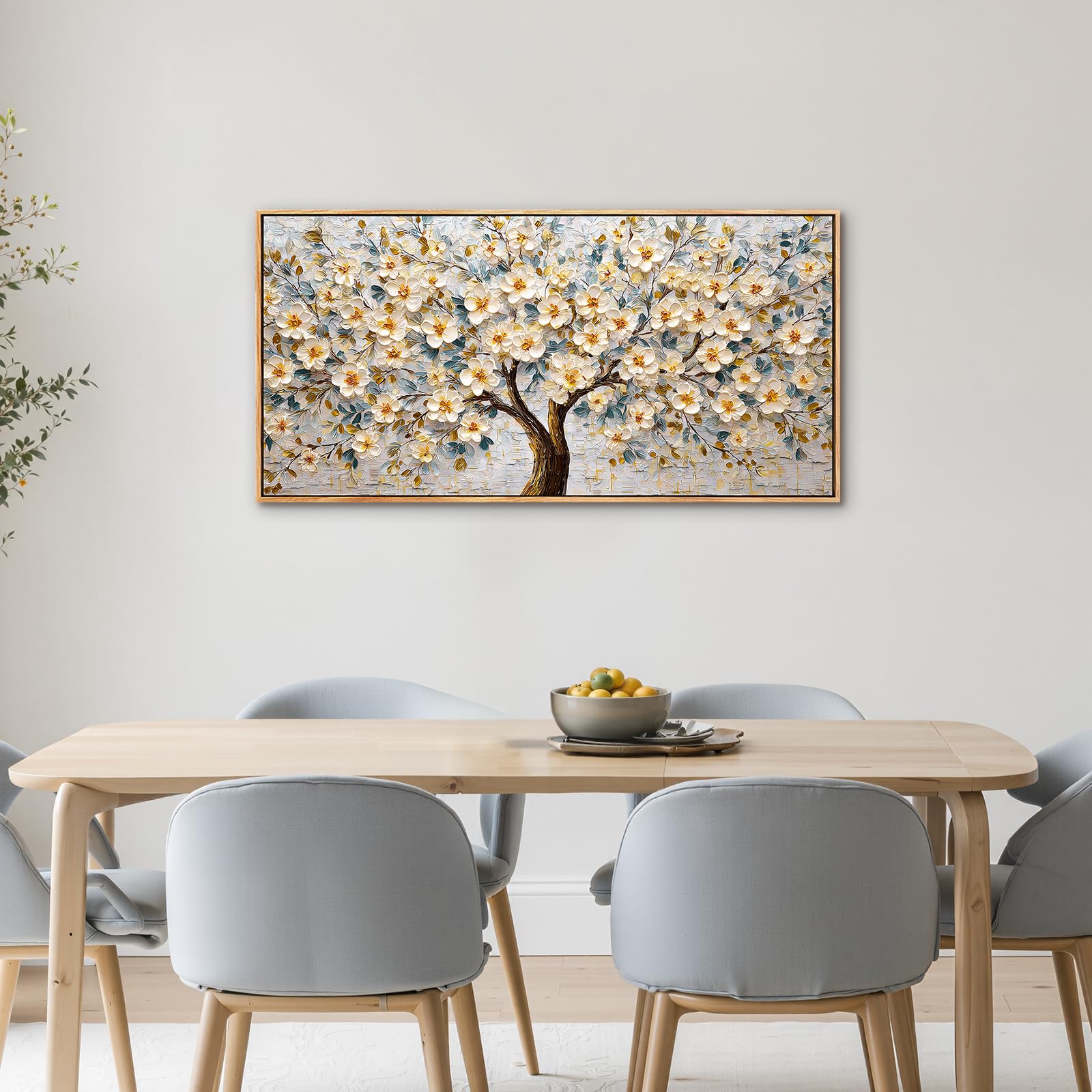 SERIMINO Quadro Moderno Albero Della Vita Fiori con Cornice 50x100 cm | Fiori Bianchi Oro, Stampa HD, Tela Pregiata, Telaio Legno Massello, Install Facile, Regalo Decorativo