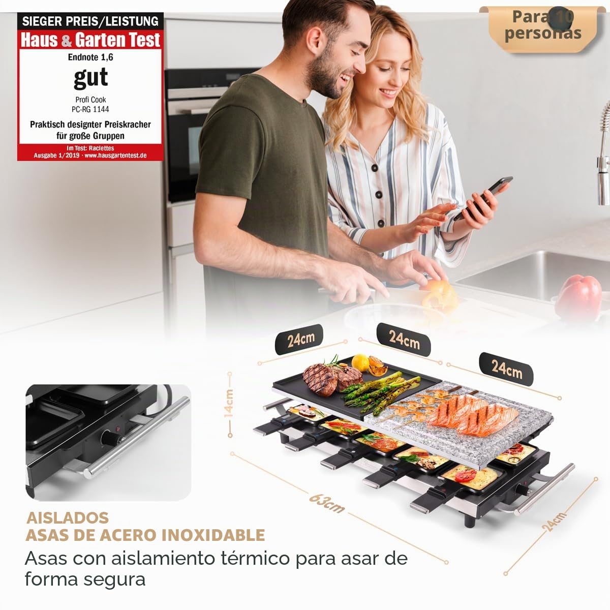 Parrilla de raclette ProfiCook 2 en 1,raclette 10 personas, raclette con placa de piedra y placa de parrilla, revestimiento antiadherente, termostato continuo, 1700 vatios, acero inoxidable,PC-RG 1144