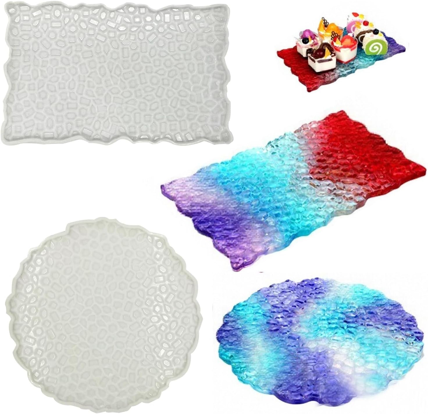2-PCS Large Irregular Diamond Tray Molds Set - Rectangle & Round Silicone Molds for Resin Art, DIY Crafts, Crafting Trays