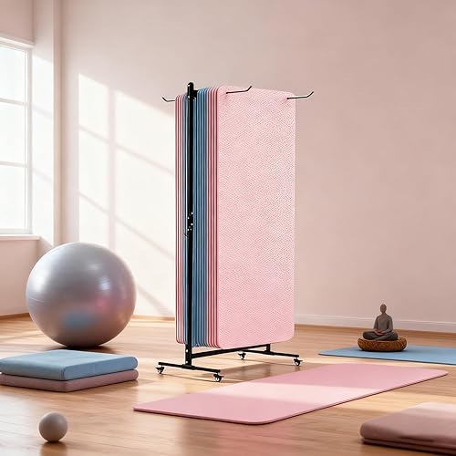 Miniatura 4 de YTLEMON Soporte para tapete de yoga colgante, carrito de esterilla de yoga rodante, estante de almacenamiento de gran capacidad, con perforador,