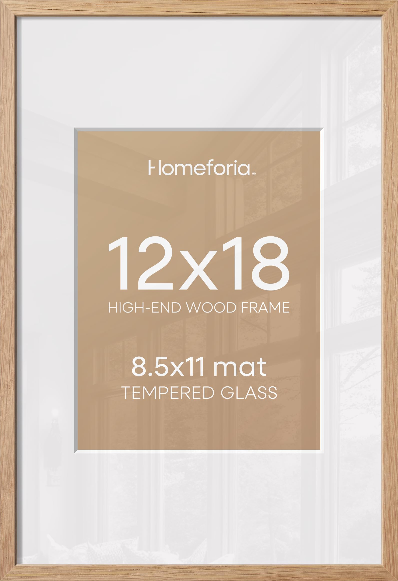 Homeforia 12x18 Natural Oak Picture Frame, High-End Wood, 8.5x11 Mat, Glass | High End Solid Oak Wood, Tempered Glass, Acid-Free 8.5x11 Removable Mat, 12x18 Edge-to-Edge Display 18x12, Wall Kit, Set Of 1