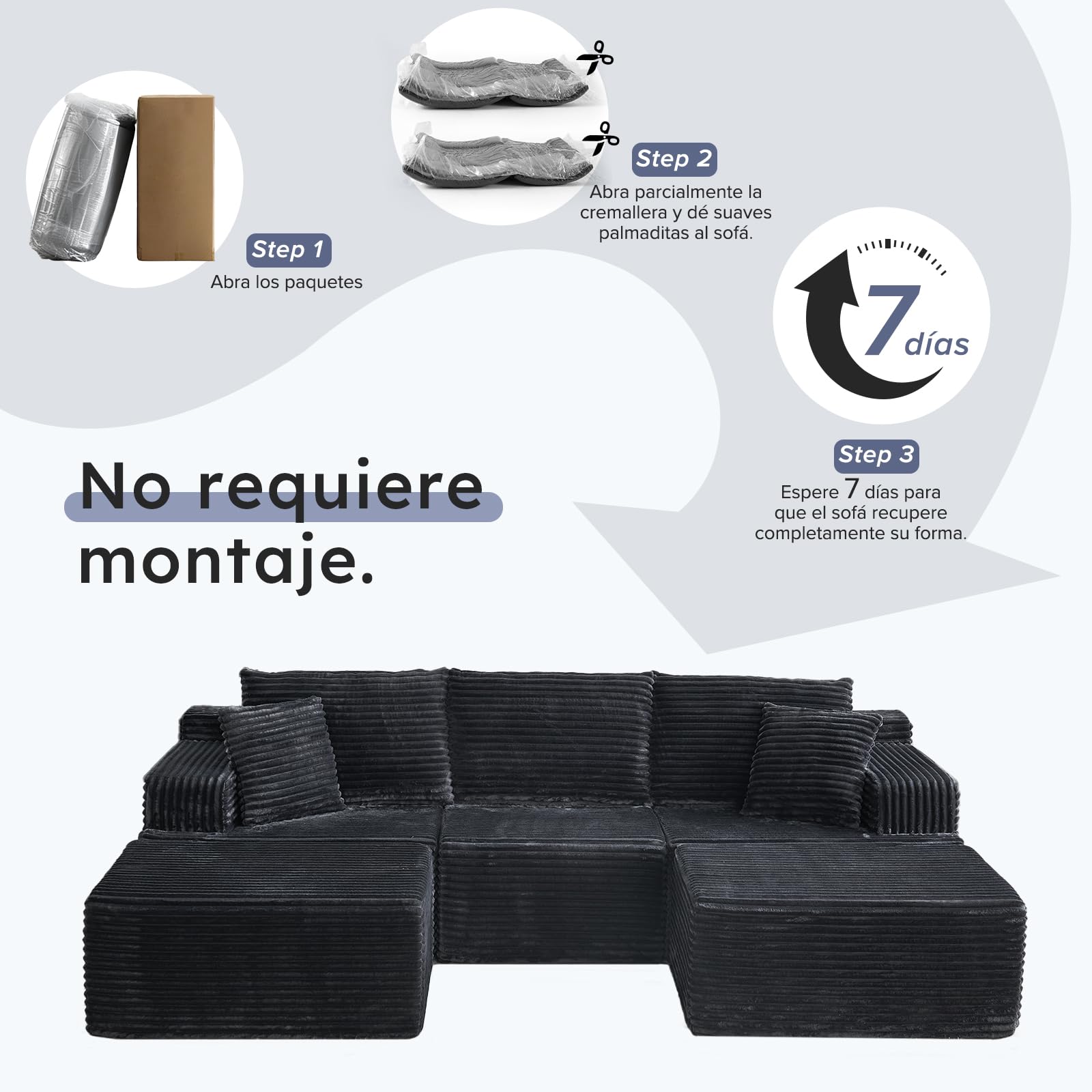 Sofá Modular en U 262cm - Sofá Nube sin Montaje - Sofá Boneless con Espuma de Alta Resiliencia - Sofá de Esquina Moderno para Salón y Estudio, Gris