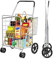 Vista 1 de HOMGX Carrito de compras plegable plano, carrito utilitario resistente de 130 libras con ruedas delanteras giratorias de 360°, carrito de Plateado