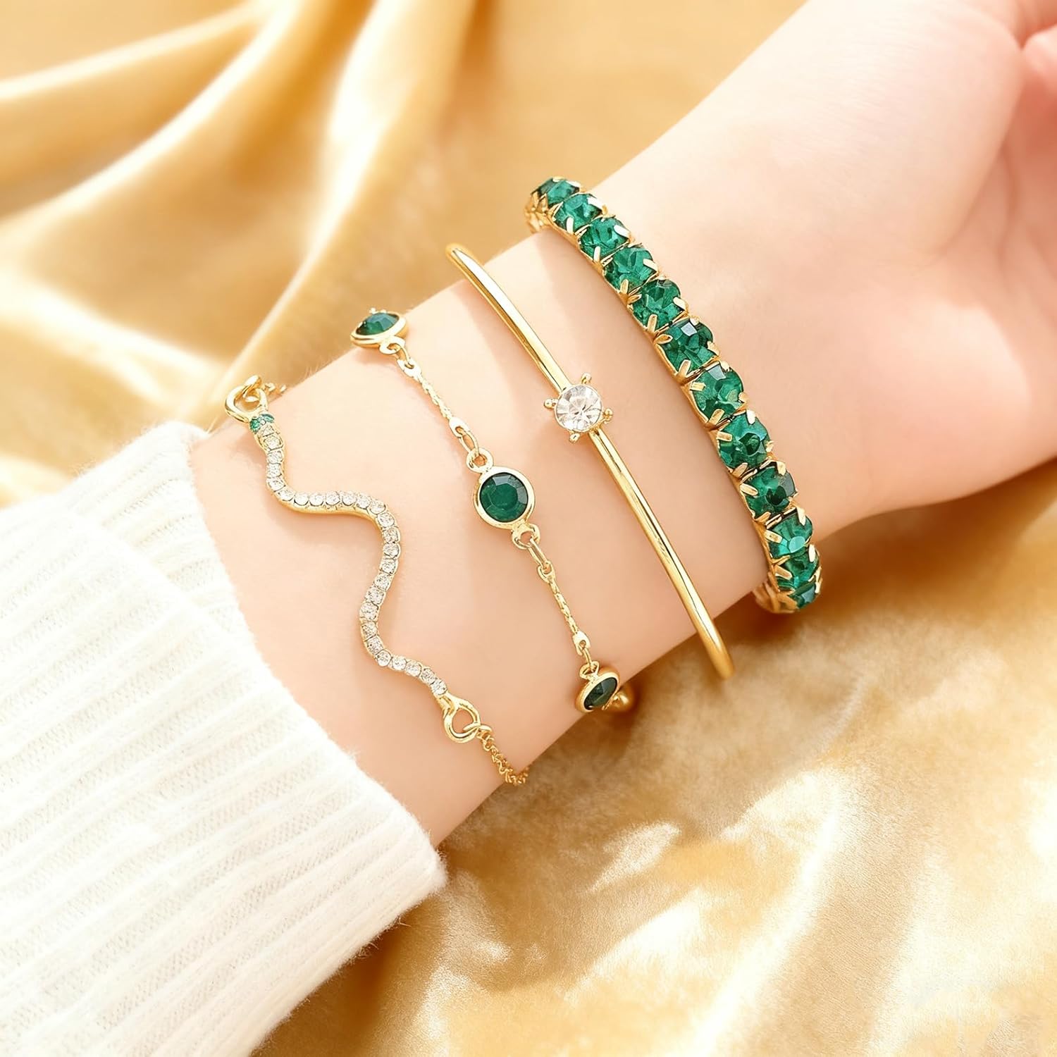 4Pcs Emerald Green Crystal Bracelet Set for Women, Gold Tone Stackable Rhinestone Cuff Bangle Chain Bracelets, Boho Layered Party Jewelry Gift - Image 5