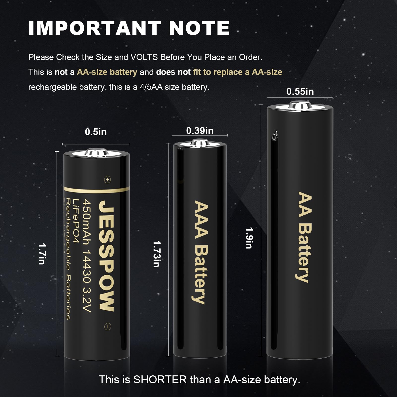 JESSPOW 14430 3.2 Volt Rechargeable Solar Battery, Rechargeable LiFePo4 Batteries [ 450mAh 3.2V 8Pack ] for Outdoor Garden Light, Solar Panel Light, Tooth Brush, Shaver, Flashlight (NOT AA Battery)