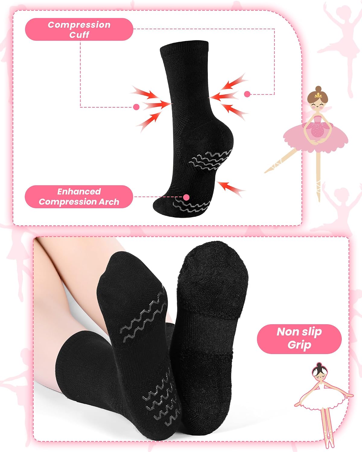Jecery 2 Pairs Dance Non Slip Socks for Women Girl Dancer Compression Dancing Ankle Sock Ballet Dance Stocking with Spin Spot