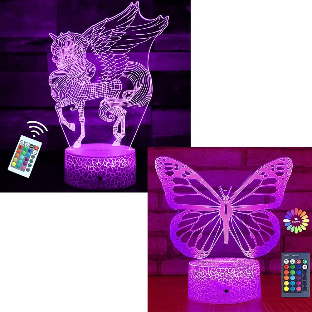 CENLIT Butterfly Night Light Unicorn Lamp Birthday Gifts for Girls Kids 2PACK