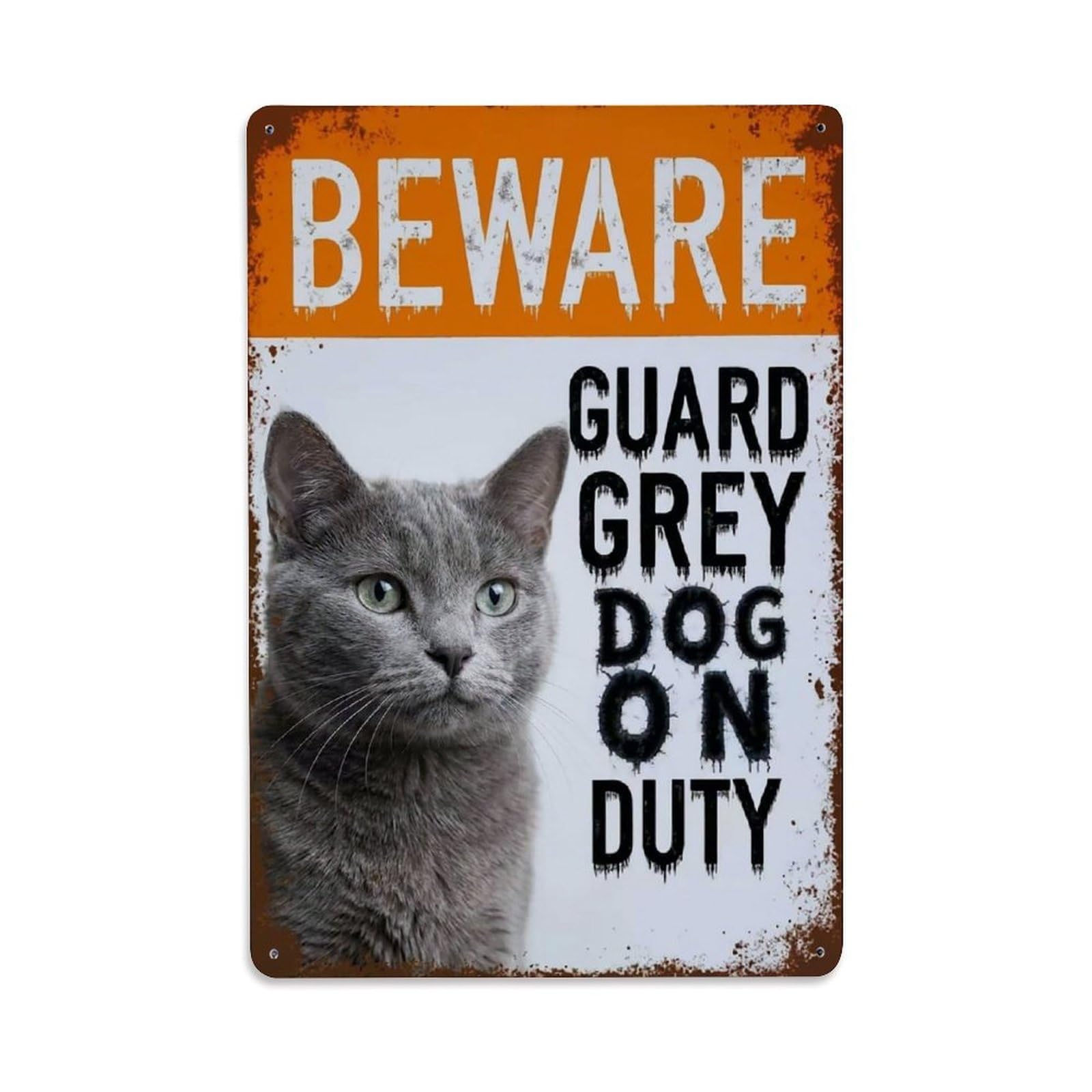 Vintage Funny Grey Guard Beware of Cat Walkway Metal Tin Sign Plaque Wall Decor for Cafe, Club Bar, Office, Garden Metal Poster 8x12Inch