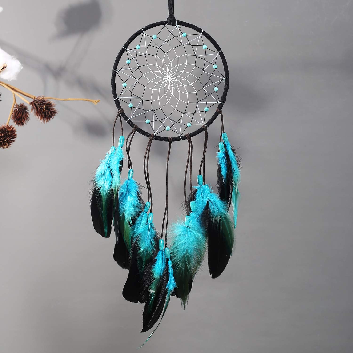 TEESHLY (Turquoise) - Dream Catcher with Bicolor Mesh, Handmade Dark Tone Dreamcatcher with Black and Turquoise Feather Wall Hanging Decoration