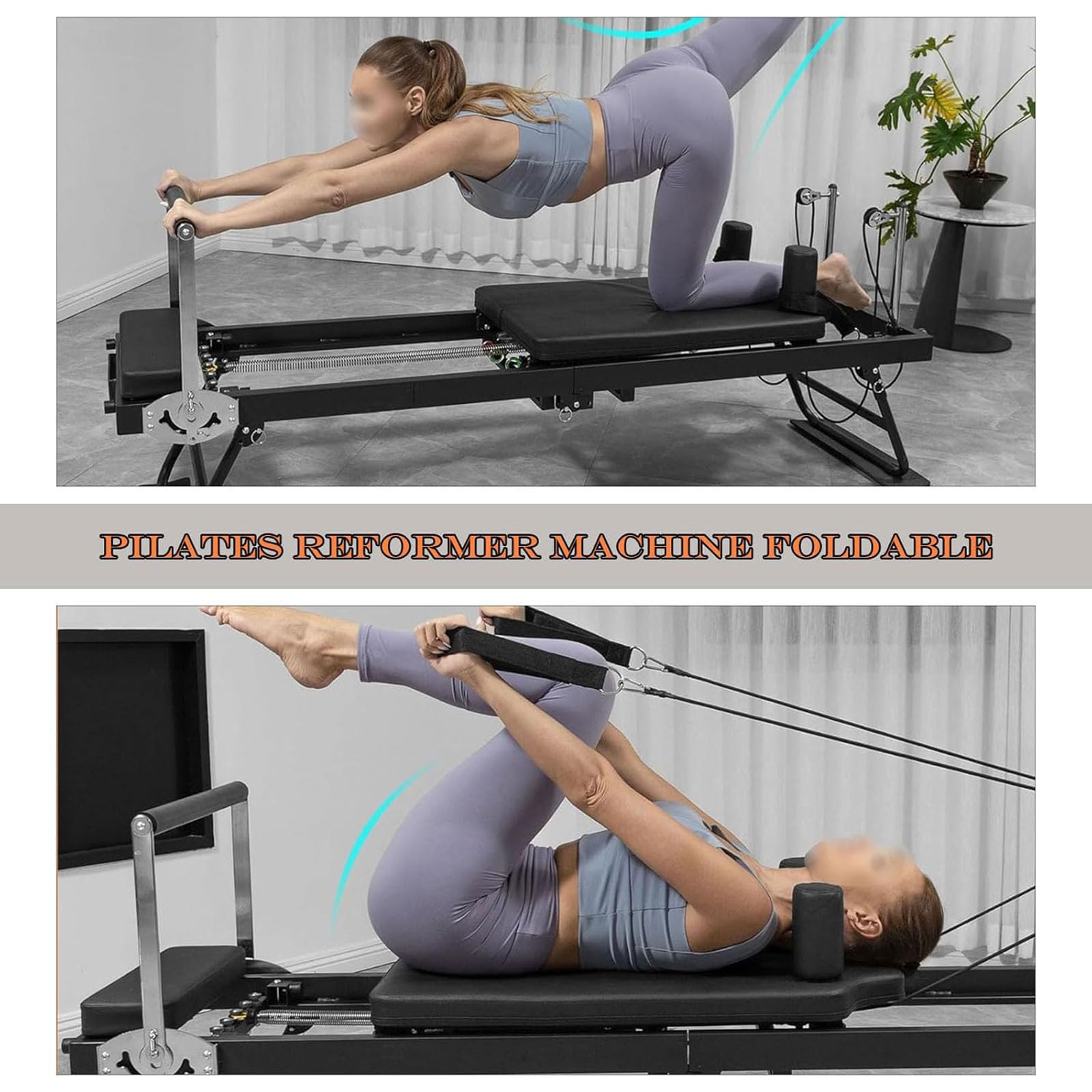 MEIJAN Foldable Pilates Reformer Set, Multifunctional Pilates Core Bed, Fitness Exercise Professional Equipment, with Sitting Box + Springboard, for Home Gym