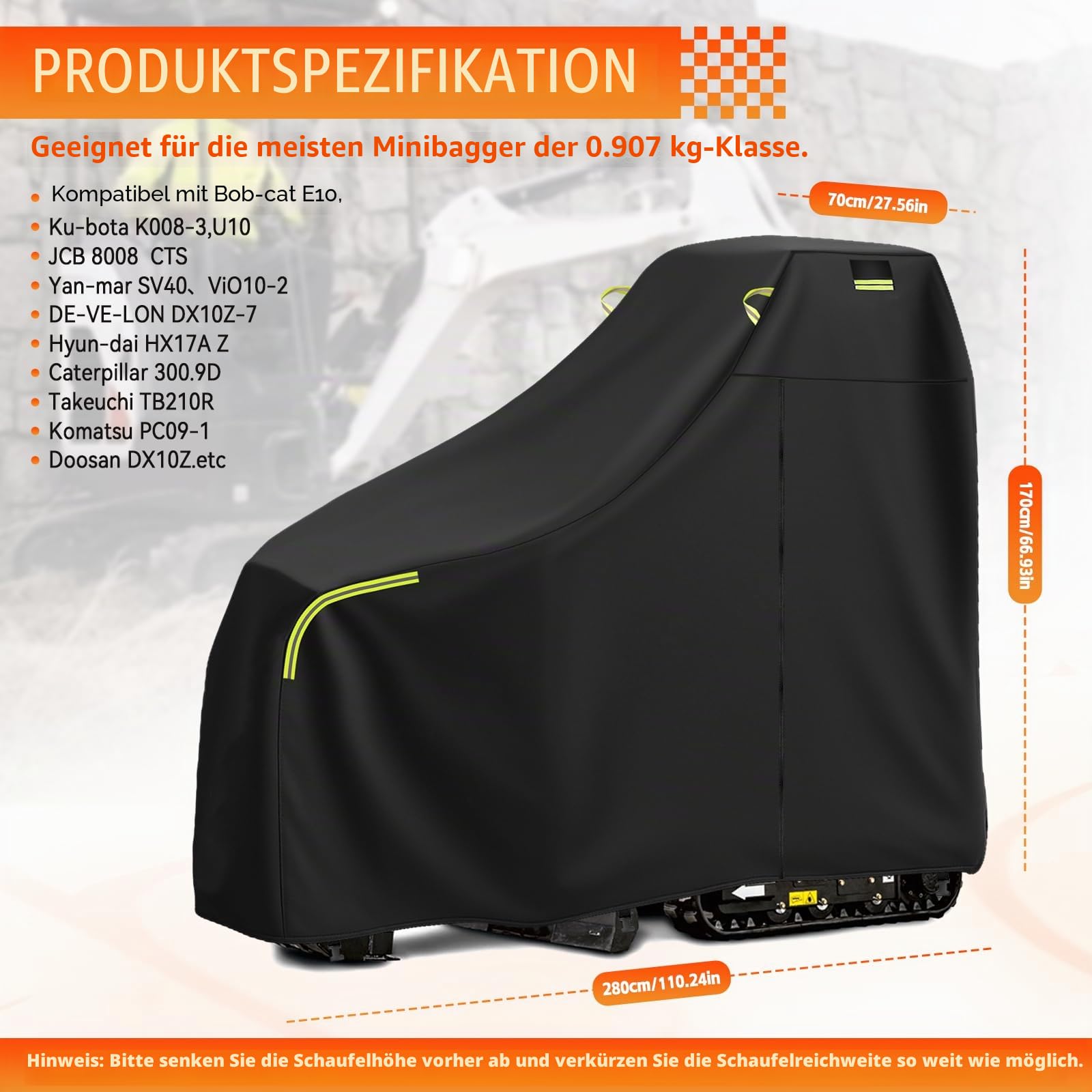 Wasserdichte Baggerabdeckung, atmungsaktive Minibaggerabdeckung Baggerplane mit Reißverschluss, reflektierender Streifen, elastischer Saum, Sonne Regen Staub Wind UV-Schutz (für < 900 kg)