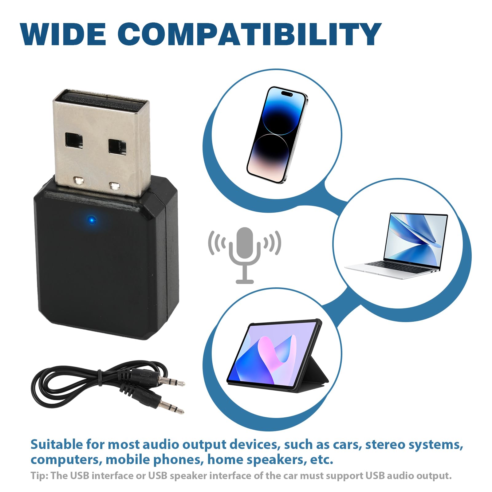 Adattatore USB Bluetooth 5.1 ricevitore per musica e vivavoce, adattatore Bluetooth USB per auto radio con cavo AUX, plug and play con microfono integrato, universale compatibile per auto, PC, TV