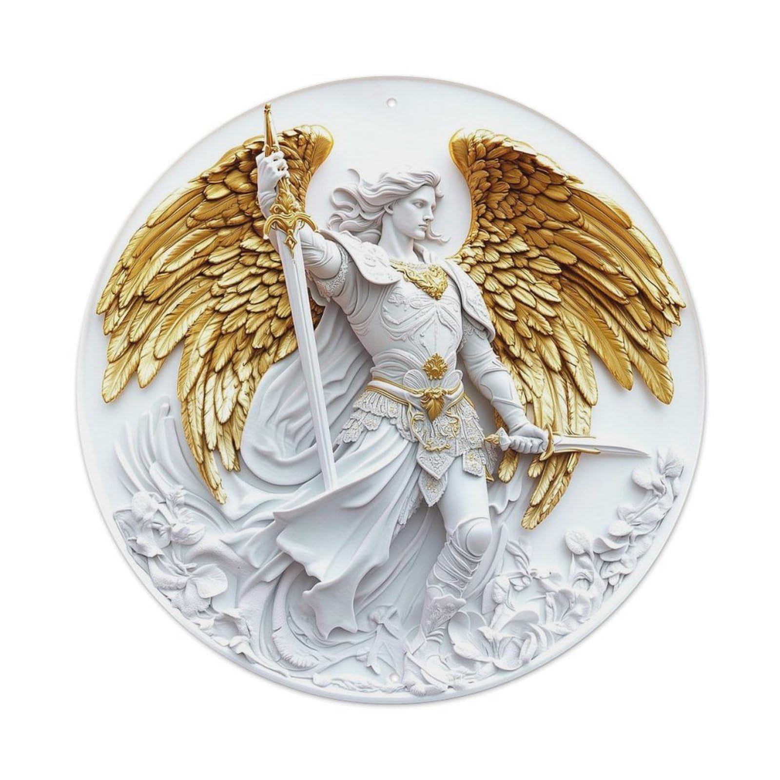 Angel With Golden Wings And Sword Round Tin Sign Vintage Metal Sign Home Bar Garden Indoor & Outdoor Wall Decor Retro Metal Poster 8x8 Inch