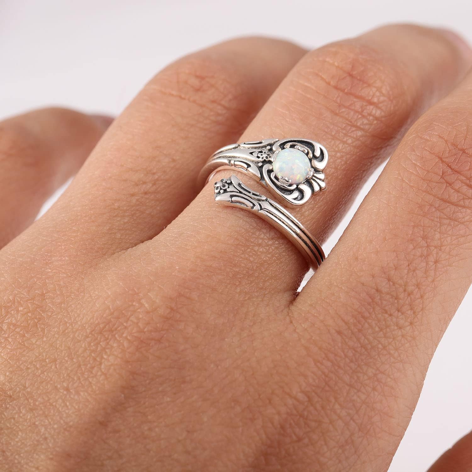 STROLLGIRL S925 Sterling Silver Opal Spoon Ring Boho Adjustable Wrap Vintage Promise Ring
