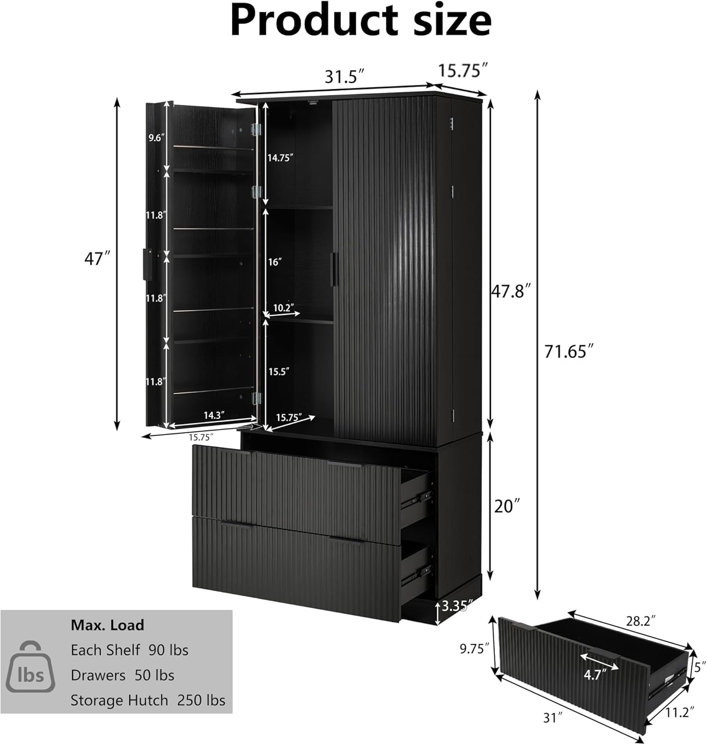 72" Tall Pantry Cabinet, Fluted Kitchen Pantry Storage Cabinet with 2 Large Drawers, 8 Door Shelf Food Pantry with Adjustable Shelves, Wood Large Capacity Cupboard for Kitchen, Dining Room, Bathroom