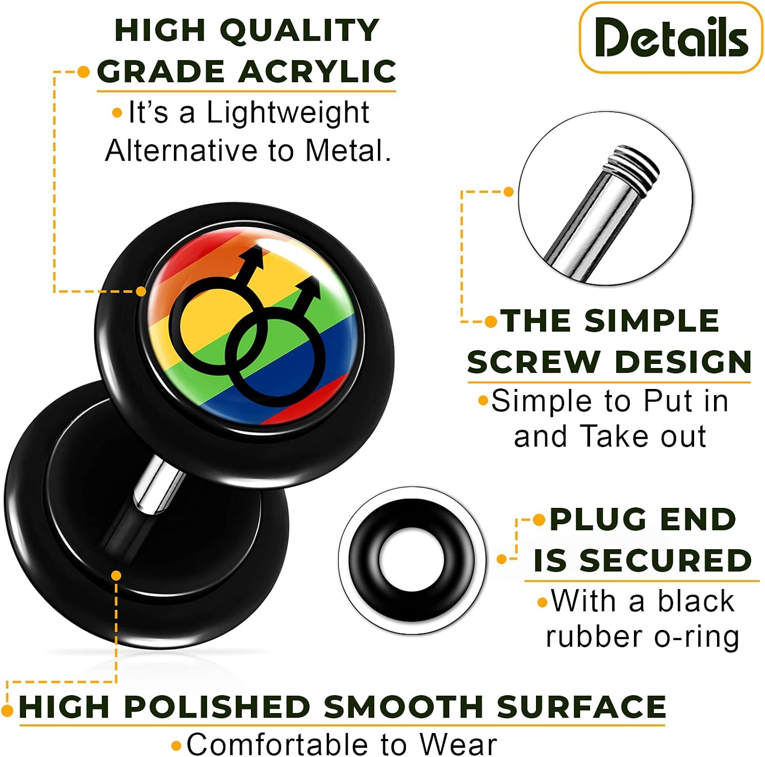 Pair of Black Acrylic 16g Gauge 1.2mm Fake Plugs Logo Piercing Jewelry Ear Cheater Illusion Earring O-rings Lobe