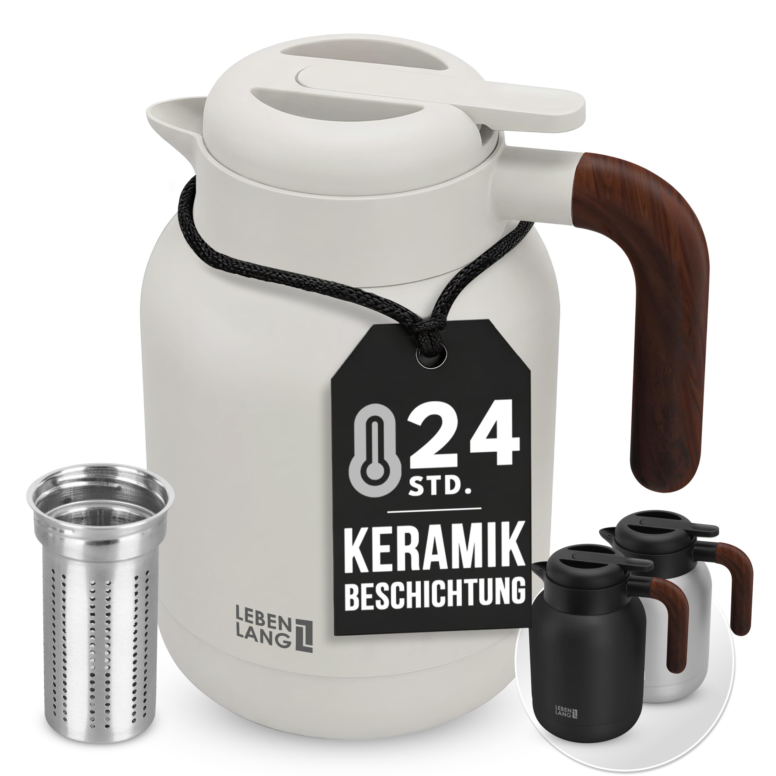 LEBENLANG Thermoskanne 1,5L Keramikbeschichtung - Inkl. Teesieb I 24h Heiß I Kaffeekanne Kaffee & Teekanne mit Siebeinsatz I Thermo Isolierkanne Tee Termoskakanne Thermoskannen 1 5 Liter