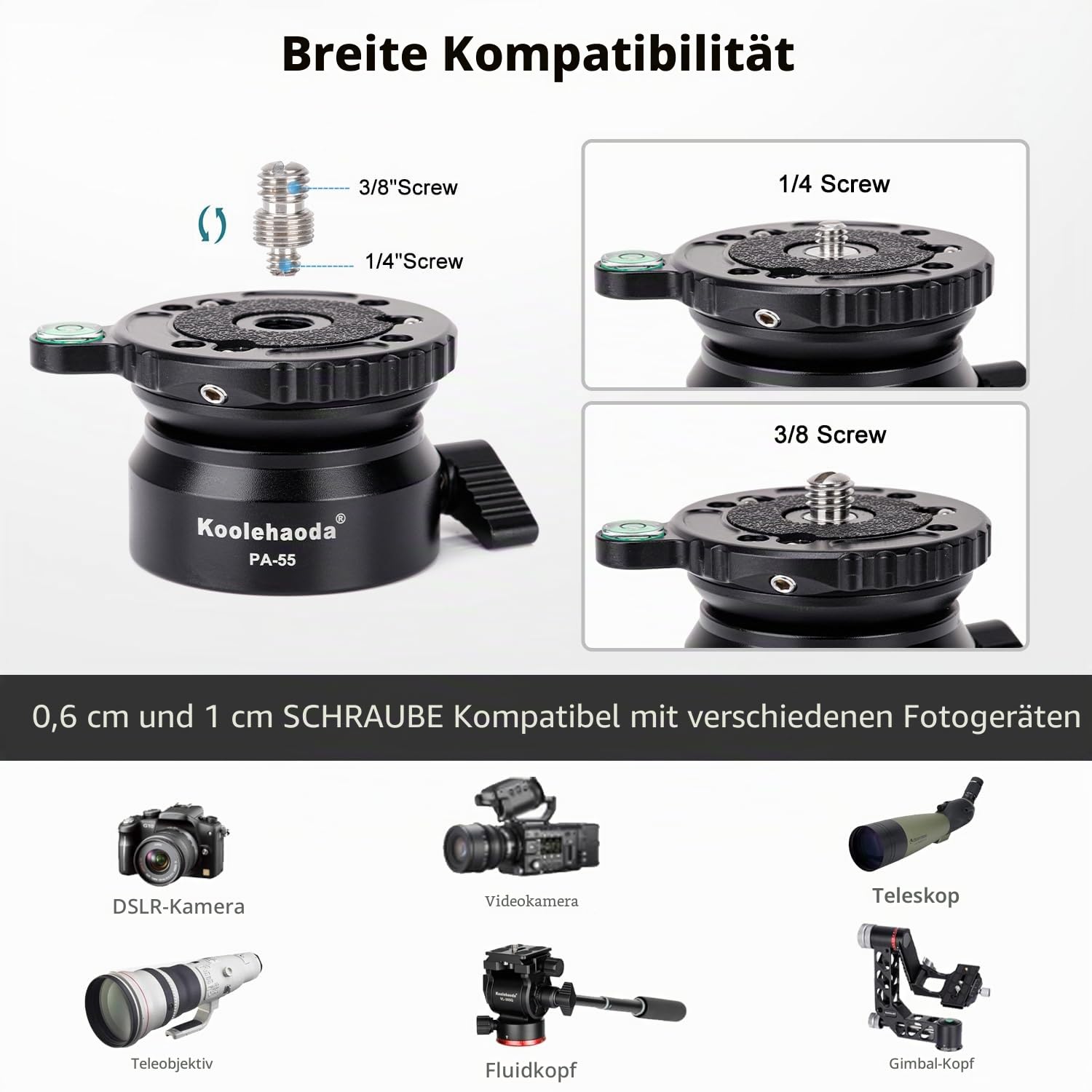 Koolehaoda PA-55 Stativ Nivellierbasis Leveling Base +/- 15 Grad Präzisionseinstellung mit 1/4" Schraube und Versatz Wasserwaage für Canon, für Nikon, DSLR-Kameras