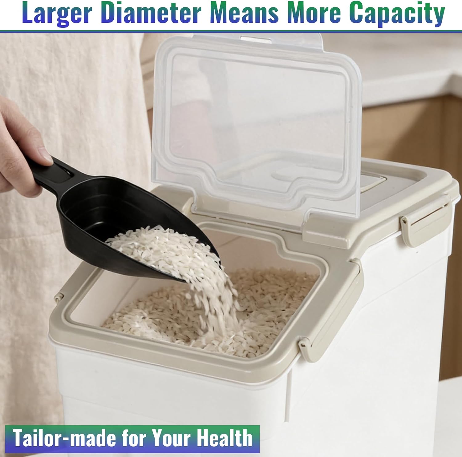 Rice Container 25 lbs Large Bulk Flour Sugar Storage Holdhouse Plastic Grain Cereal Dry Goods Bin with Spoon and Measuring Cup for Kitchen Pantry Organization - Grey