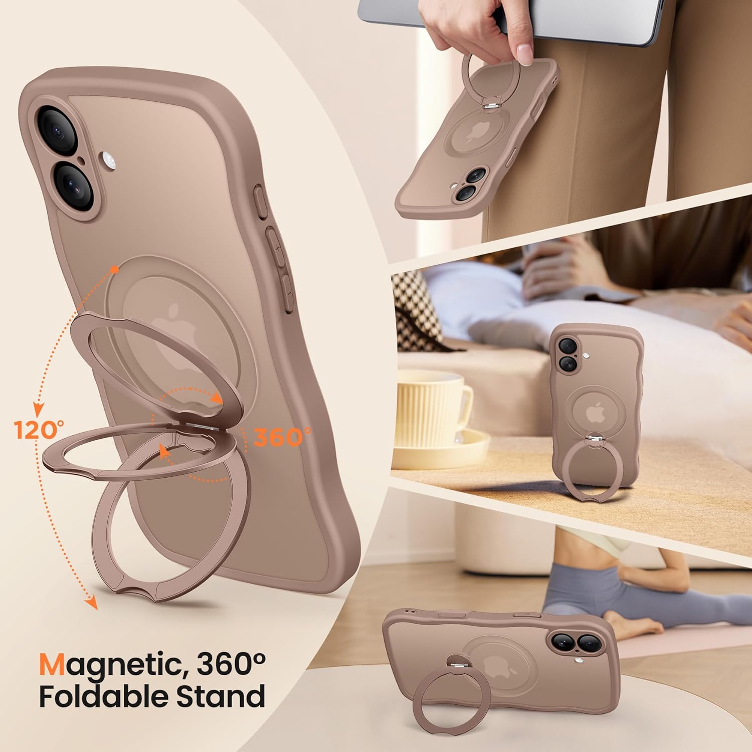 CAPRARO for iPhone 16 Case with 360° Spin Magnetic Stand for Women, [Compatible with MagSafe] [Full Camera Protection] Cute Wave Translucent Matte Case for iPhone 16, Brown - Image 5