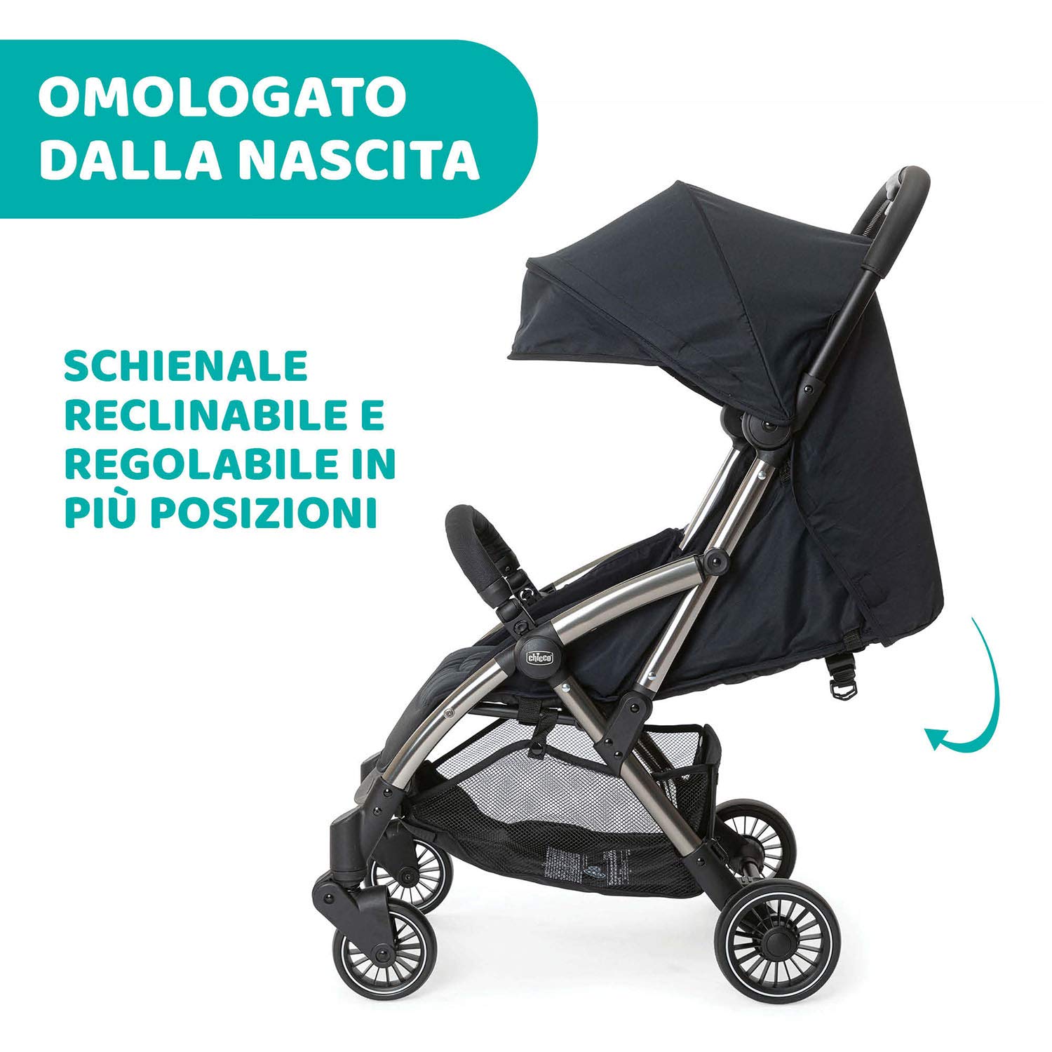 Chicco Cheerio Passeggino Leggero e Compatto da 0 mesi a 15kg (portata max 18kg), Passeggino Pieghevole, Posizione Nanna, Chiusura Automatica in 1 Gesto, Capotte Parasole e Parapioggia, Nero