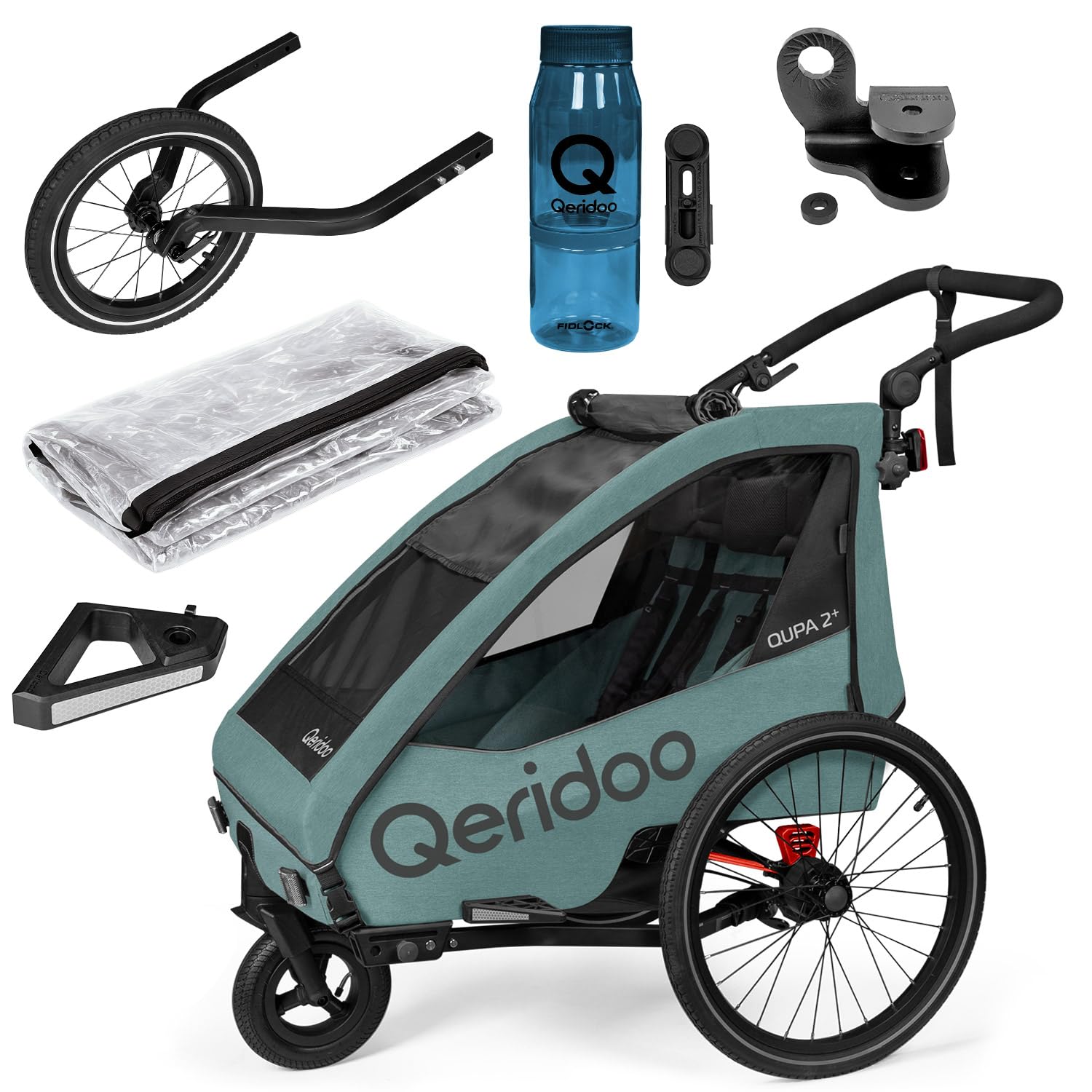 Qeridoo QUPA 2 Plus Mineral Blue Jogger-Set | Fahrradanhänger 2 Kinder mit Joggerrad, Kupplung & Faltgarage | Fahrrad Anhänger Kinder | Kinderanhänger Fahrrad | Jogger Kinderwagen