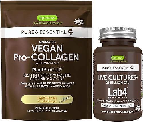 Live Cultures+ Lab4 Probióticos + Proteína Vegana de Colágeno de Vainilla en Polvo Vegano, Fórmula Completa para Impulsar el Colágeno + Probiótico