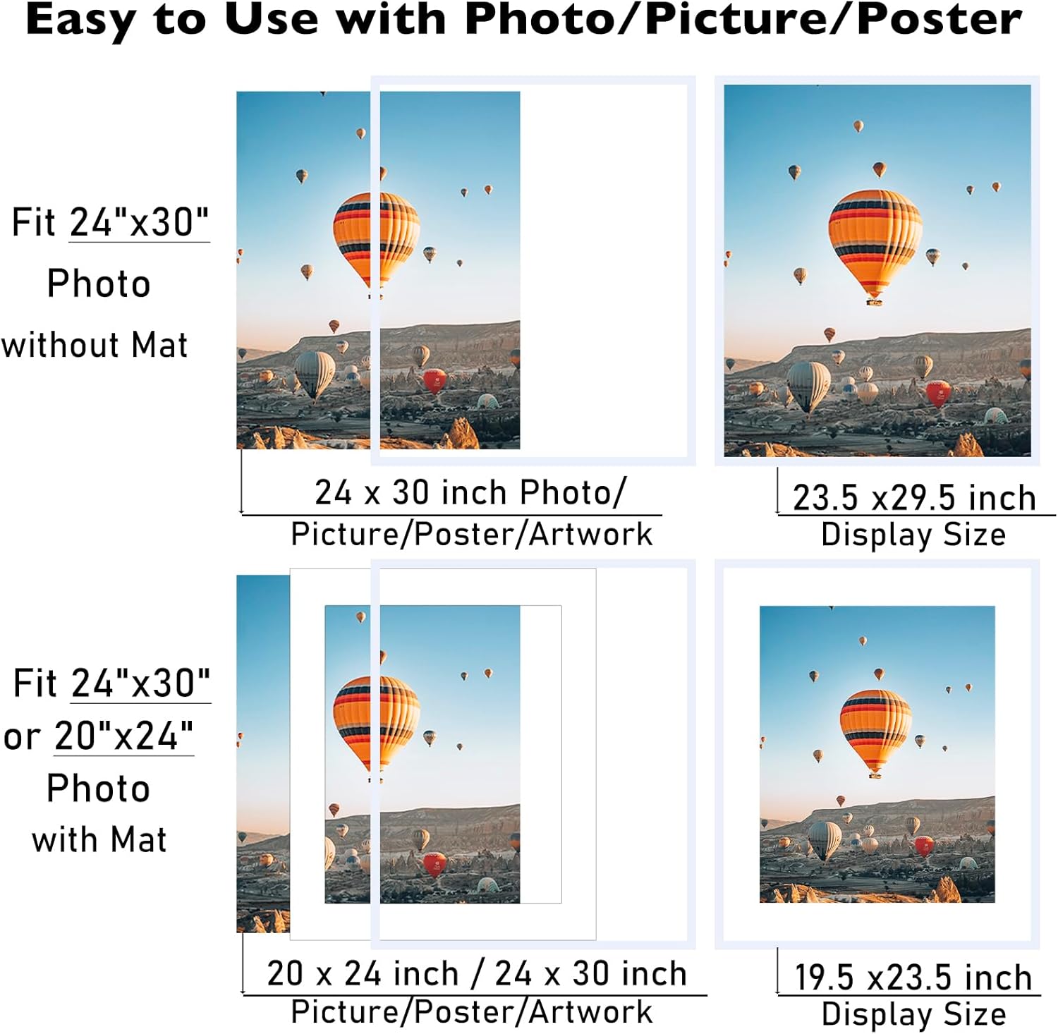JCJMY 24x30 Picture Frame with 20x24 Mat, Display Photo 20x24 with Mat or 24 x 30 Without Mat, Wall Hanging Large 24 by 30 Poster Frame with Plexiglass, White
