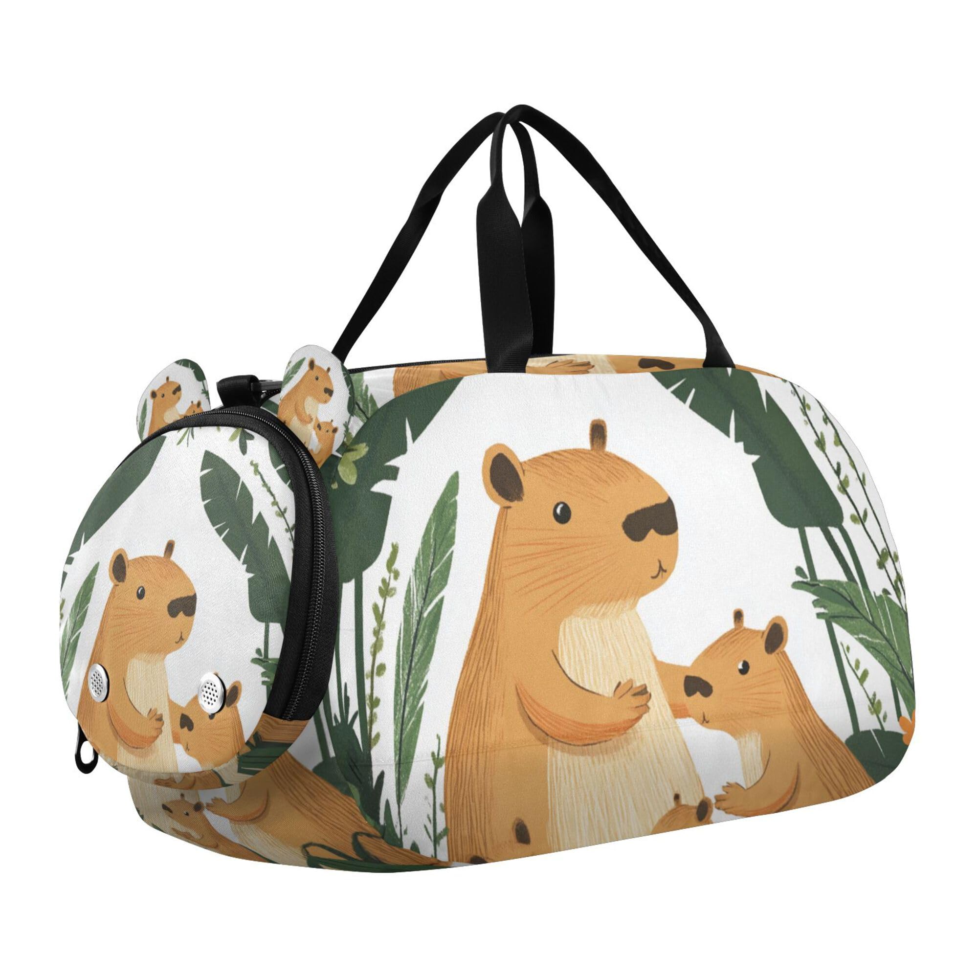 Glaphy Capybara Plants Cartoon Cute Duffle Bag for Toddler Boys Girls, Gym Sports Bag with Shoe Compartments, Kids Travel Overnight Weekender Shoulder Bag