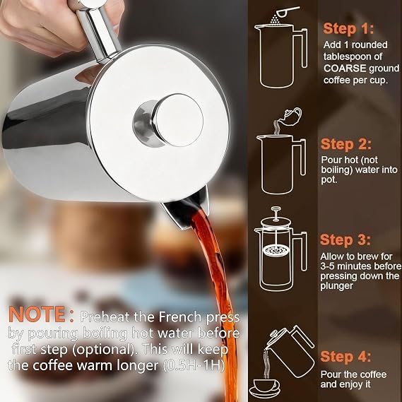 Cafetiere French Press Coffee Maker 350 ml, Double Wall Insulated French Press Stainless Steel, Easy Clean Tea Brewer, 3-Layer Filter, Cold Brew Cafetiere, Kitchen & Camping