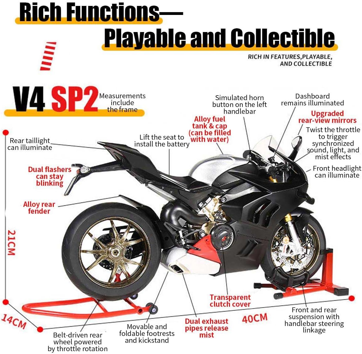 1/6 Motorcycle with Lights Sound, Alloy Realistic Mechanical Dynamic Motorbike Model, Simulation Bike with Ignition System Smoke Spray, Vehicle Christmas Birthday Gift