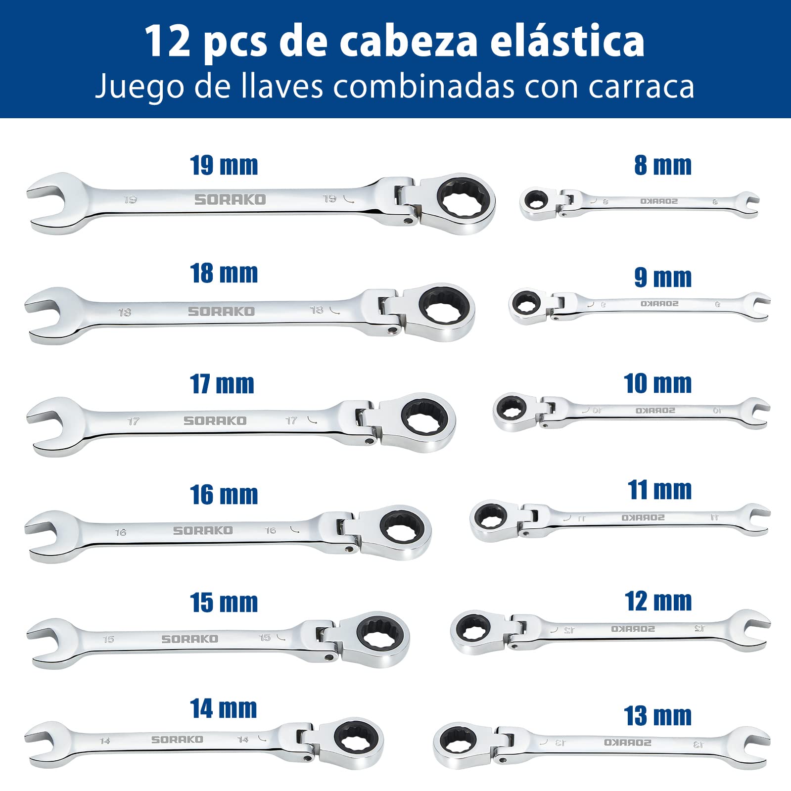 SORAKO Llaves Fijas con Carraca 8-19mm, 12Pcs Llave de Carraca con Bolsa Enrollable, llaves Combinadas Juego de llaves, Adecuado para reparación de automóviles, mantenimiento industrial