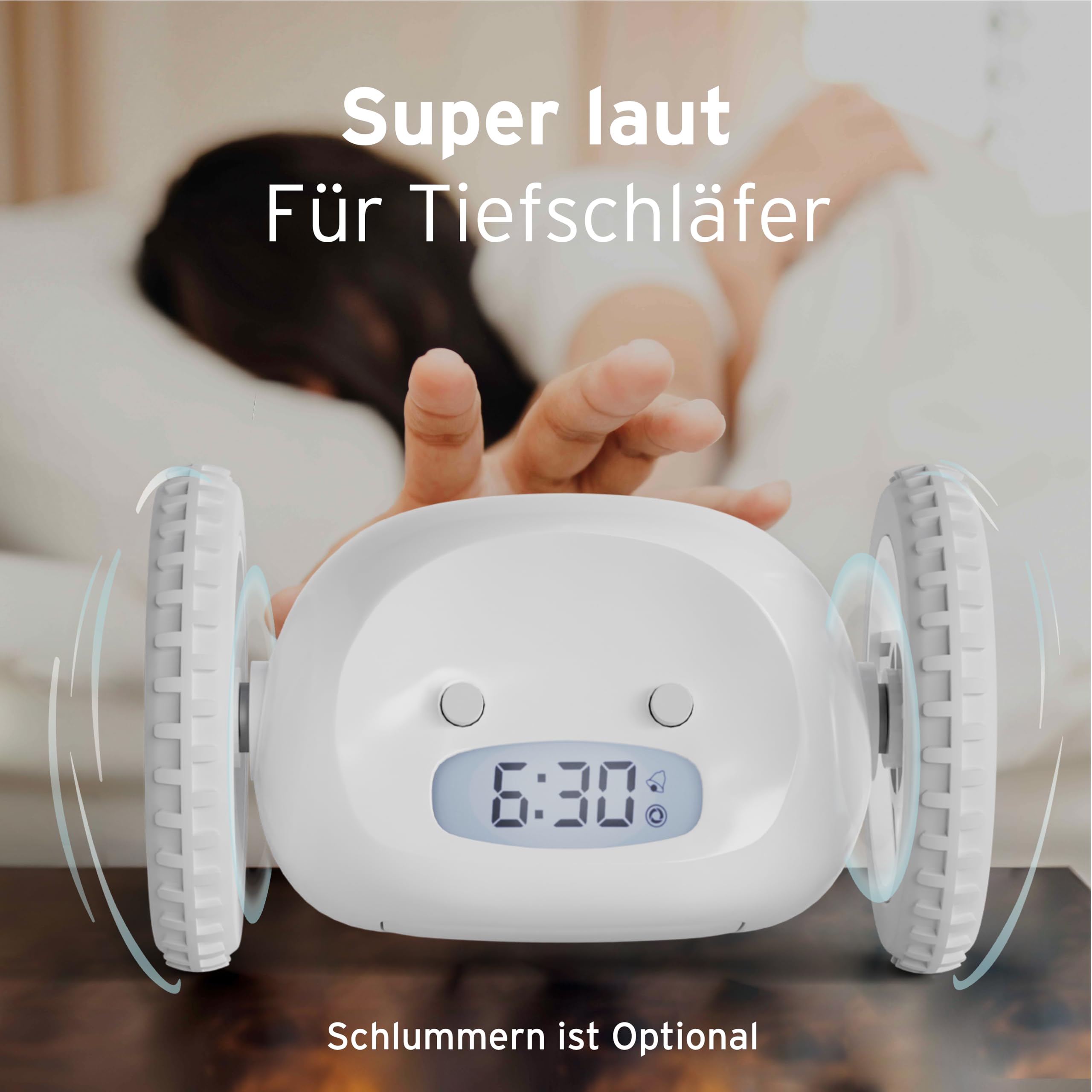 CLOCKY, Wecker auf Rädern (Original) | Laut für Schlafmützen Cool, Fun, Wird springen, jagen, weglaufen, Sich bewegen, Rollen. (Schwarz&Schwarz)