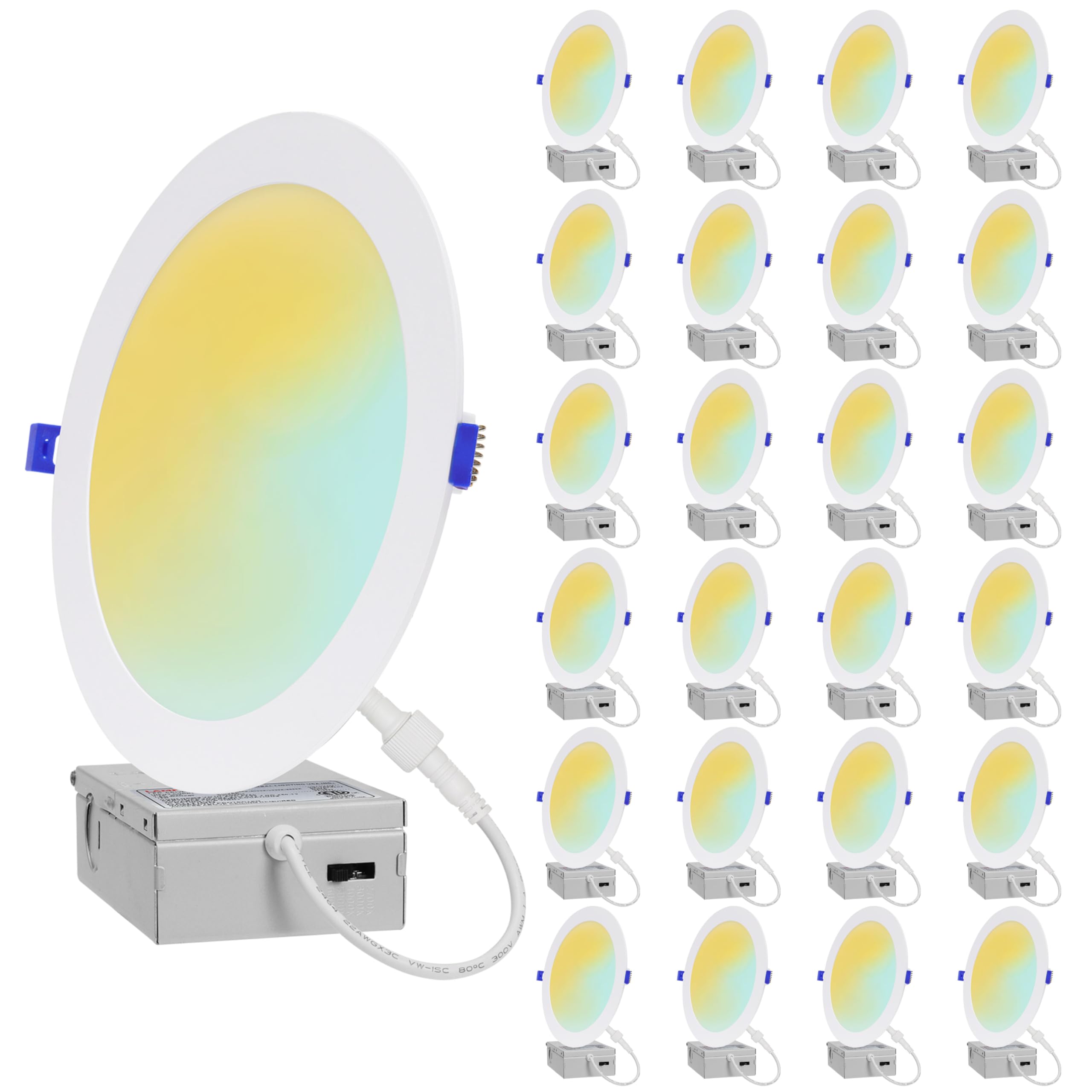 GLOWNOVA 24-Pack of 8-Inch Ultra-Slim LED Downlights with Junction Box, Adjustable Color Temperatures (2700K-5000K),18W EQV to 125W, Dimmable, 1600LM Luminance - ETL and Energy Star Certified