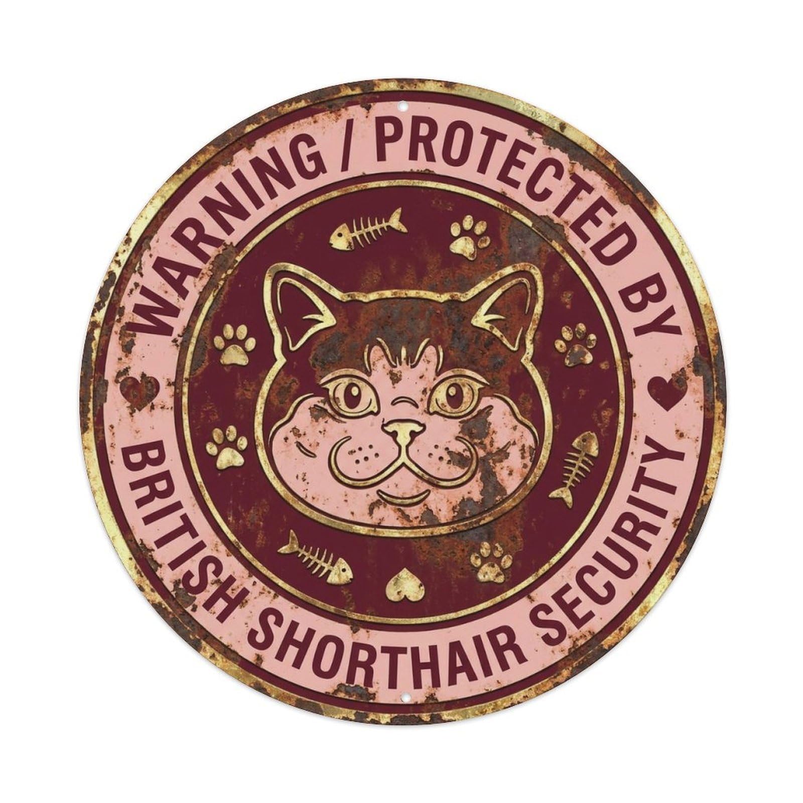 British Shorthair Security Warning Burgundy Gold Metal Tin Sign