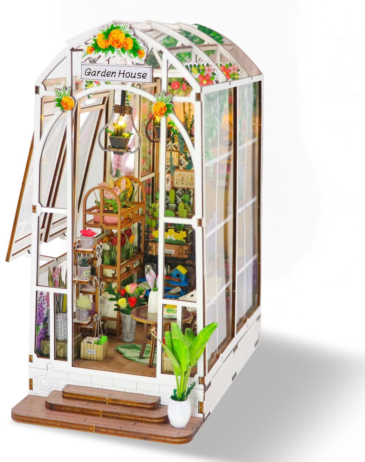 Waiybbit DIY Book Nook Kit with LED Lights, Gardenhouse Book Nook Kits for Adults, DIY Miniature House Kit, 3D Wooden Puzzle Booknook for Desk Bookshelf Decor Crafts for Adults, Teens