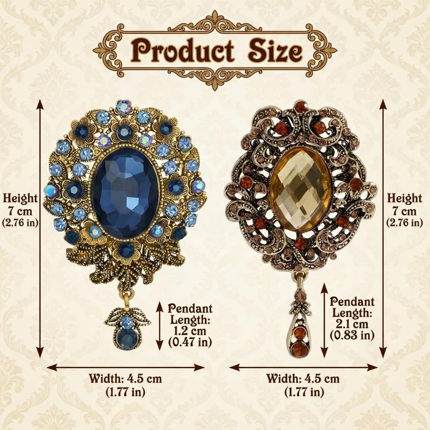 2 Pcs Vintage Brooches for Women, Teardrop Rhinestone Brooches and Pins Elegant Lapel Pins with Pendant for Clothes Dress Coat Scarf Hat