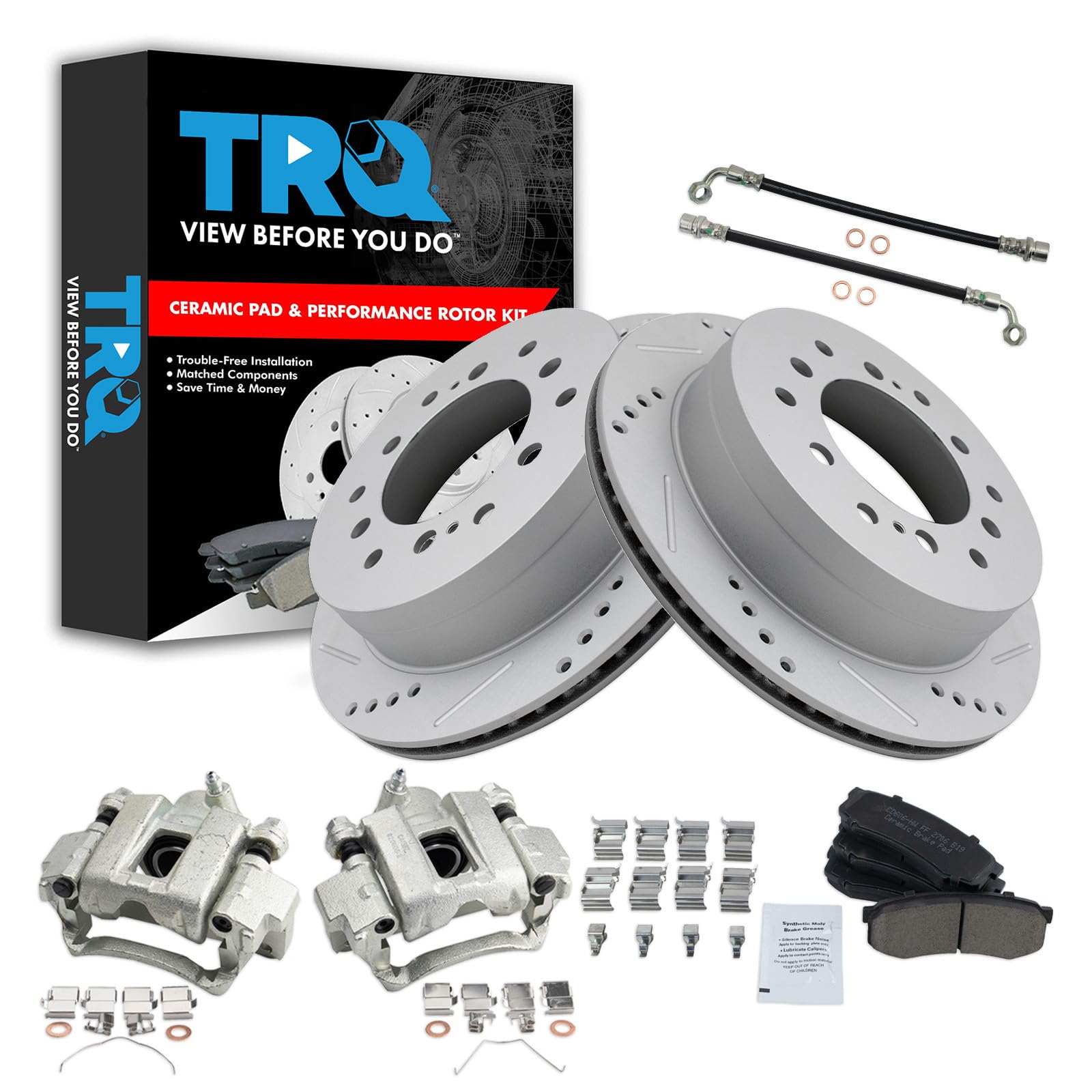 TRQ Performance Rear Brake Pad and Rotor Set Ceramic Slotted Drilled Rotors Calipers Compatible with 2003-2009 Lexus GX470