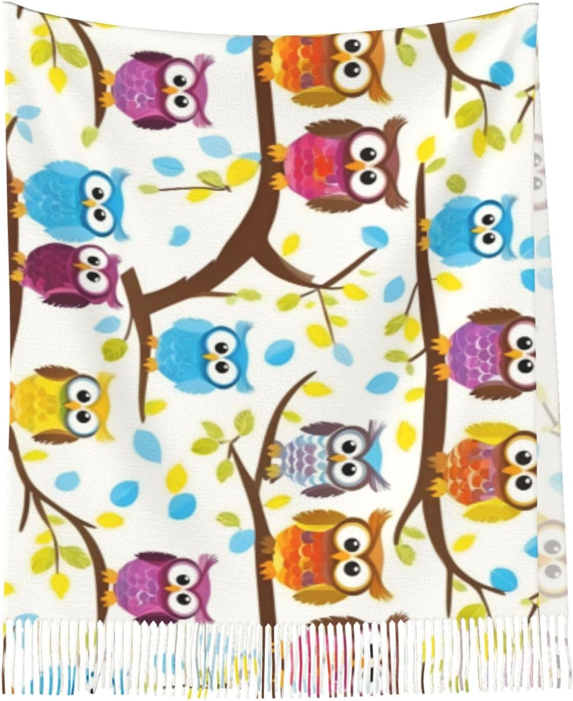 Owls On Tree Branches Print Tassel Scarf, Winter Warm Shawl, Lightweight Wrap For Women, Present For Cool Seasons