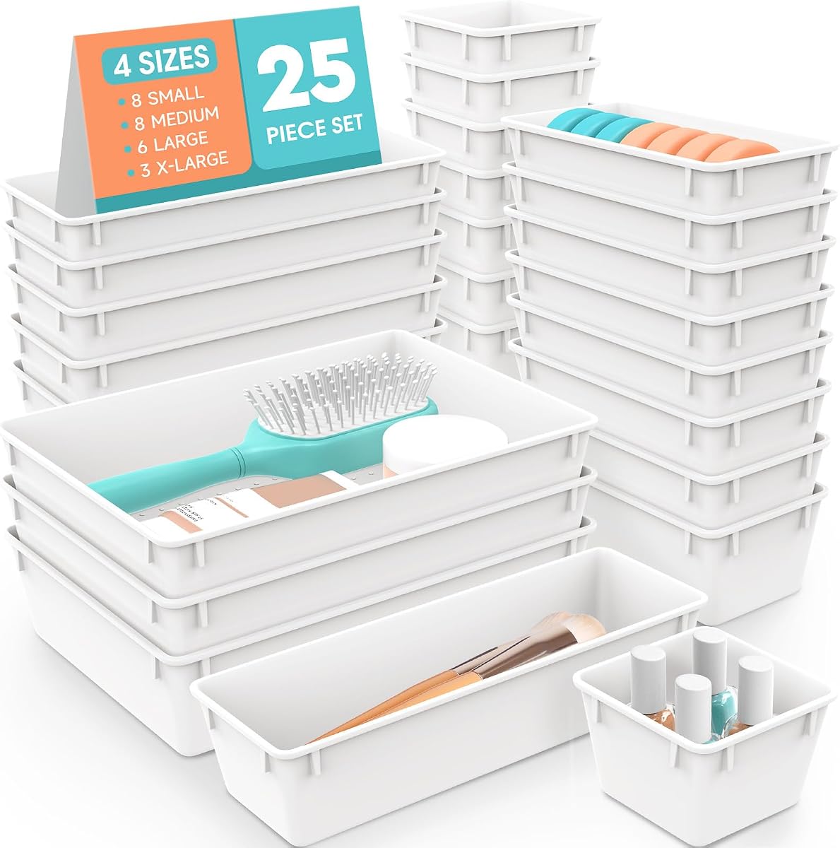 Juego de organizadores de cajones de plástico de 25 piezas, organizadores de maquillaje y contenedores de almacenamiento | Organizadores divisores de cajones de escritorio de 4 tamaños y contenedores de almacenamiento para joyas, gadgets para cocina, dormitorio, baño, oficina, blanco