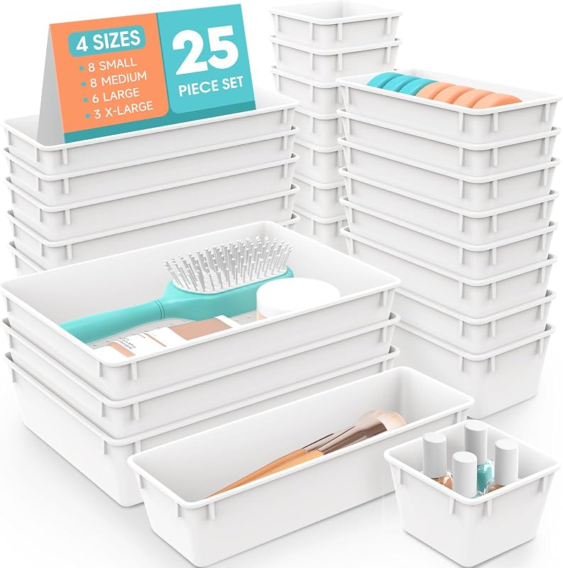 Juego de organizadores de cajones de plástico de 25 piezas, organizadores de maquillaje y contenedores de almacenamiento | Organizadores divisores de cajones de escritorio de 4 tamaños y contenedores de almacenamiento para joyas, gadgets para cocina, dormitorio, baño, oficina, blanco