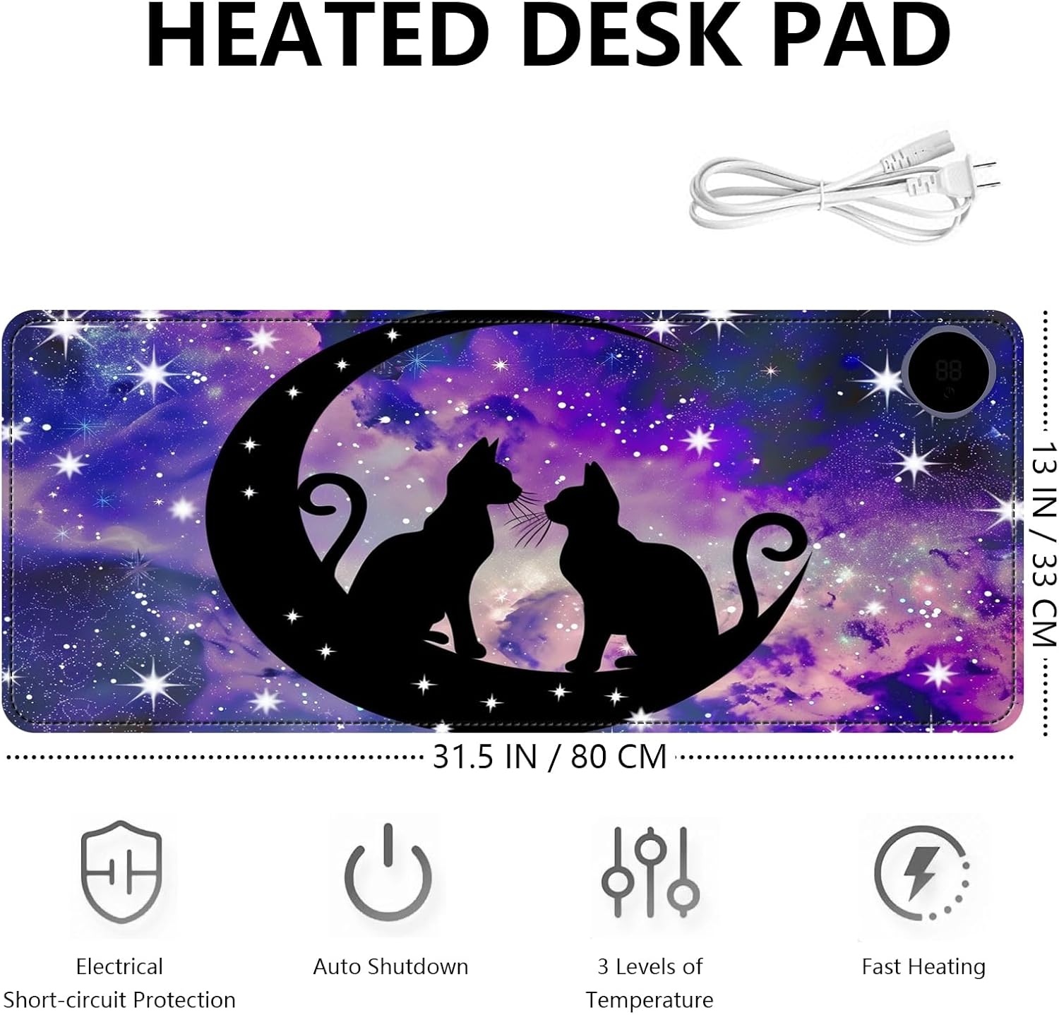 Heated Mouse Pad with 3 Levels Heated & 3 Hours Auto Shut-Off Mouse Pad for Warming Hands in Office Home, 31.5" x 13"Large Safe Desk Mat Hand Warmer，Cute Space Cat