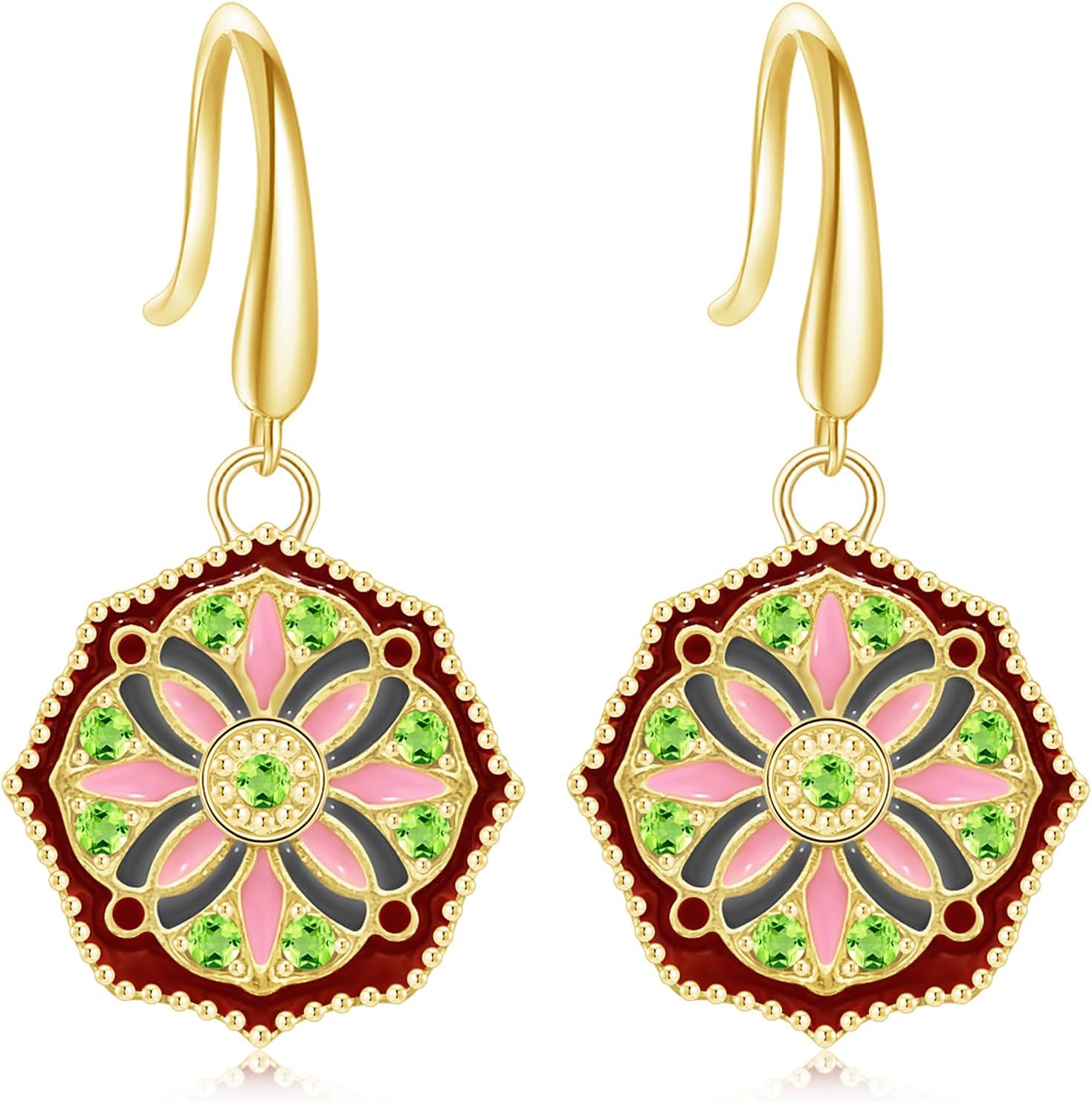 14K Gold Enamel Flower Dangle Drop Earrings Dainty Crystal Floral Round Disc Hook Earrings For Women