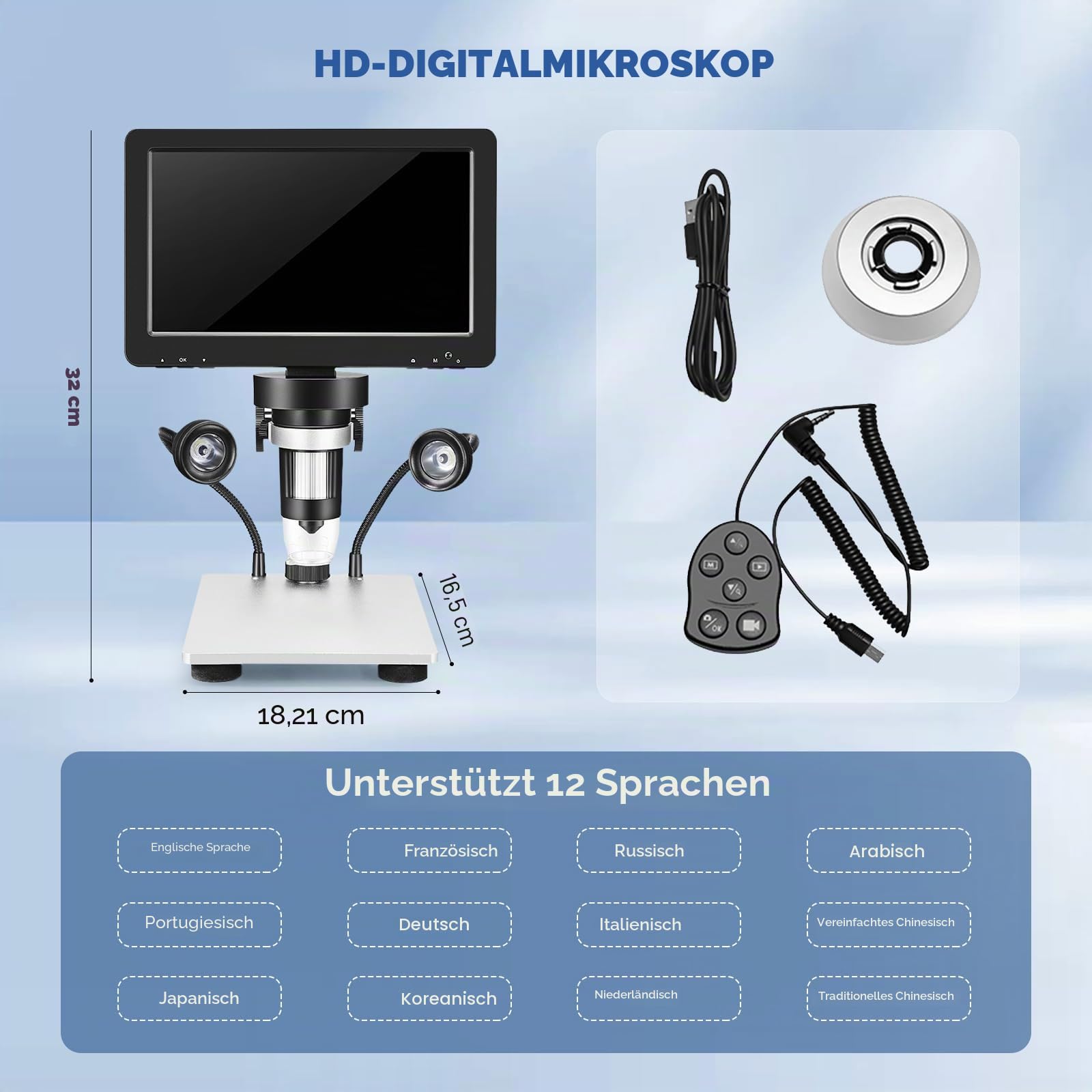 Professionelles Mikroskop 7 Zoll 1200 x 12 MP Digitales Mikroskop mit drehbarem HD-Display/8 LED-Leuchten/12 Sprachen/10 cm Arbeitsabstand: Elektronisches zum Schweißen