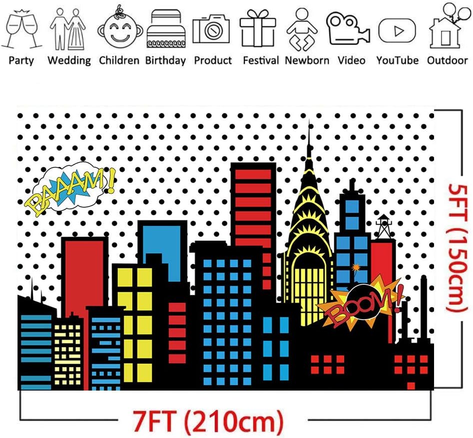 Art Studio 7x5ft Superhero Super City Photography Backdrops Skyline Buildings City Boom Photo Background Children Birthday Party Banner Photo Studio Booth Cake Table Decor Vinyl