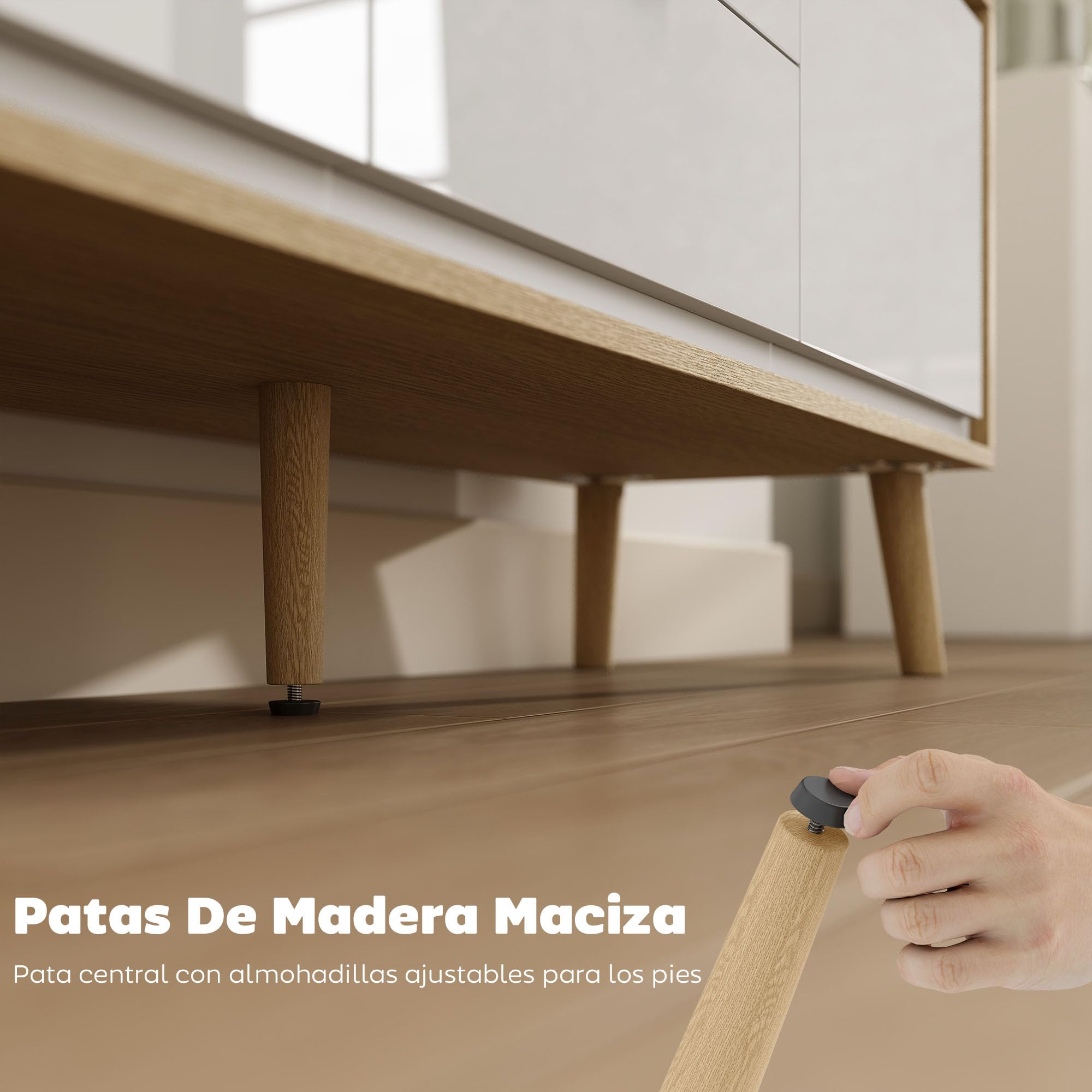 HOMCOM Mueble de TV Moderno de 2 Puertas 120x35x50 cm Blanco Brillo y Roble | Mesa TV para Salón con 2 Cajones, Orificios Pasacables, Estantes Extraíbles y Ajustables, para Televisión 55 Pulgadas