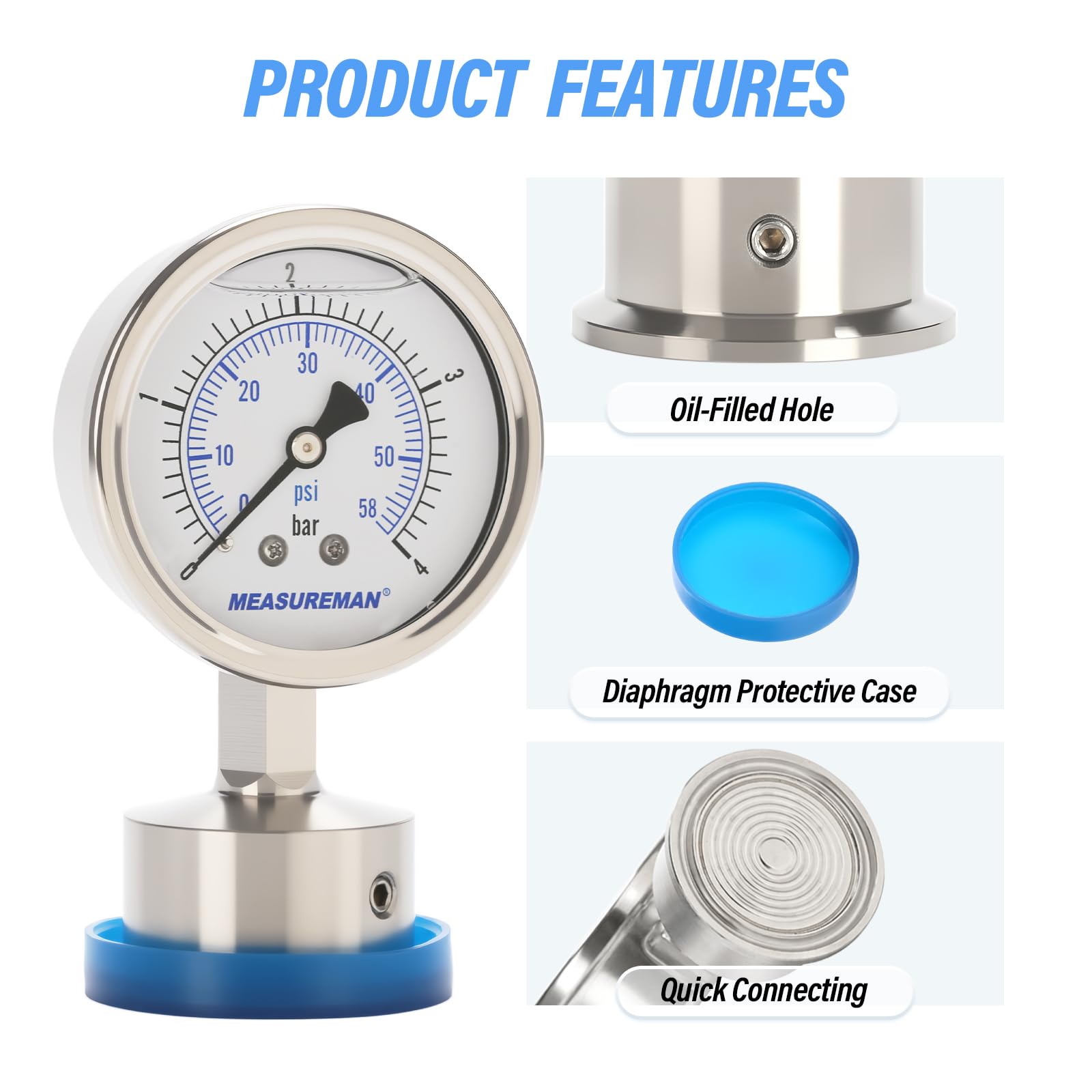 Hygienisches Manometer, glycerinbefüllt, 0-4bar/psi, Brauerei, Lebensmittel und Pharmabranche
