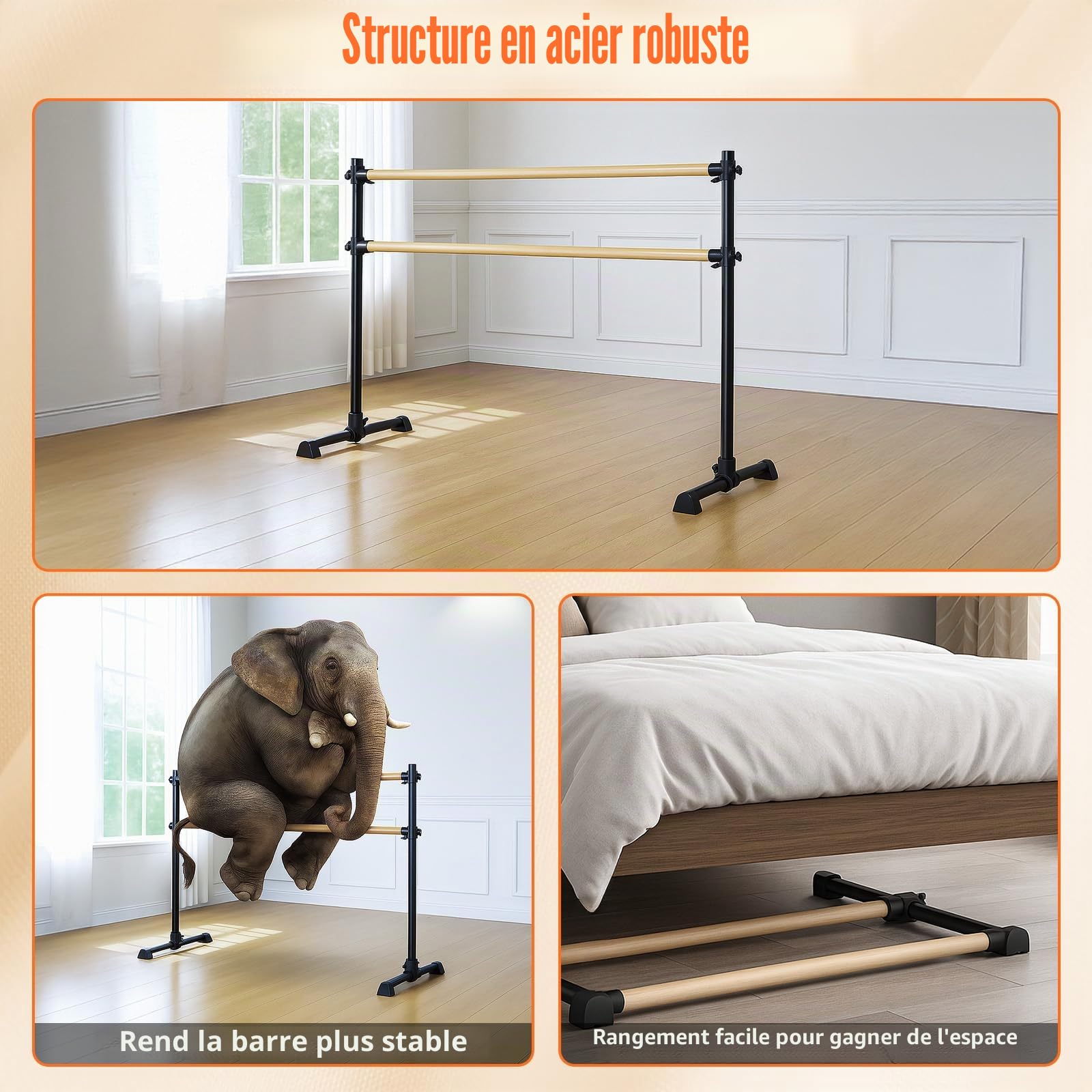 Double barre de ballet autoportante – Barre de ballet réglable en hauteur, barre de danse portable avec pieds antidérapants pour filles, enfants, adultes, fitness, yoga, entraînement à